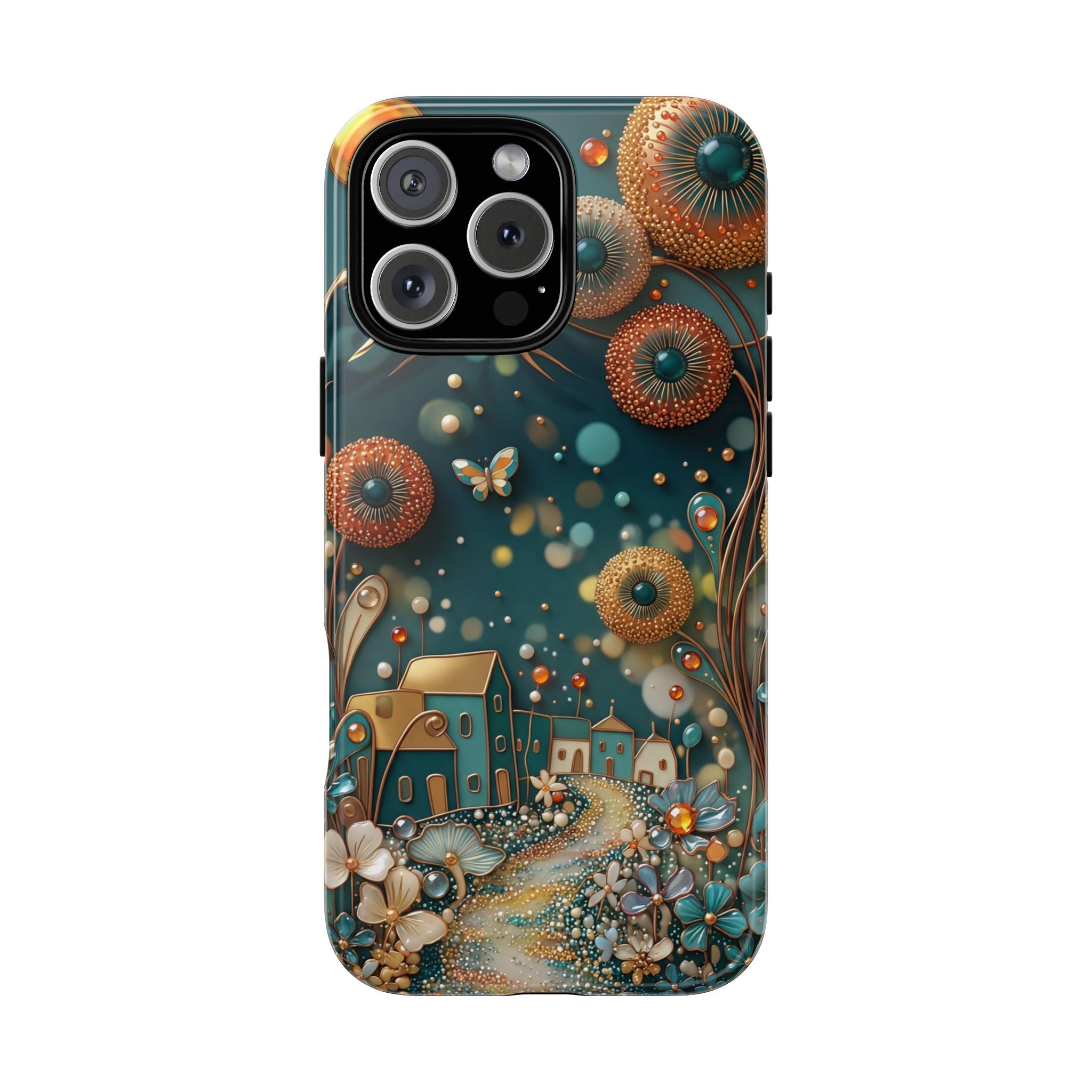 Whimsical Night Village iPhone Case | Floral Moonlit Art Tough Case