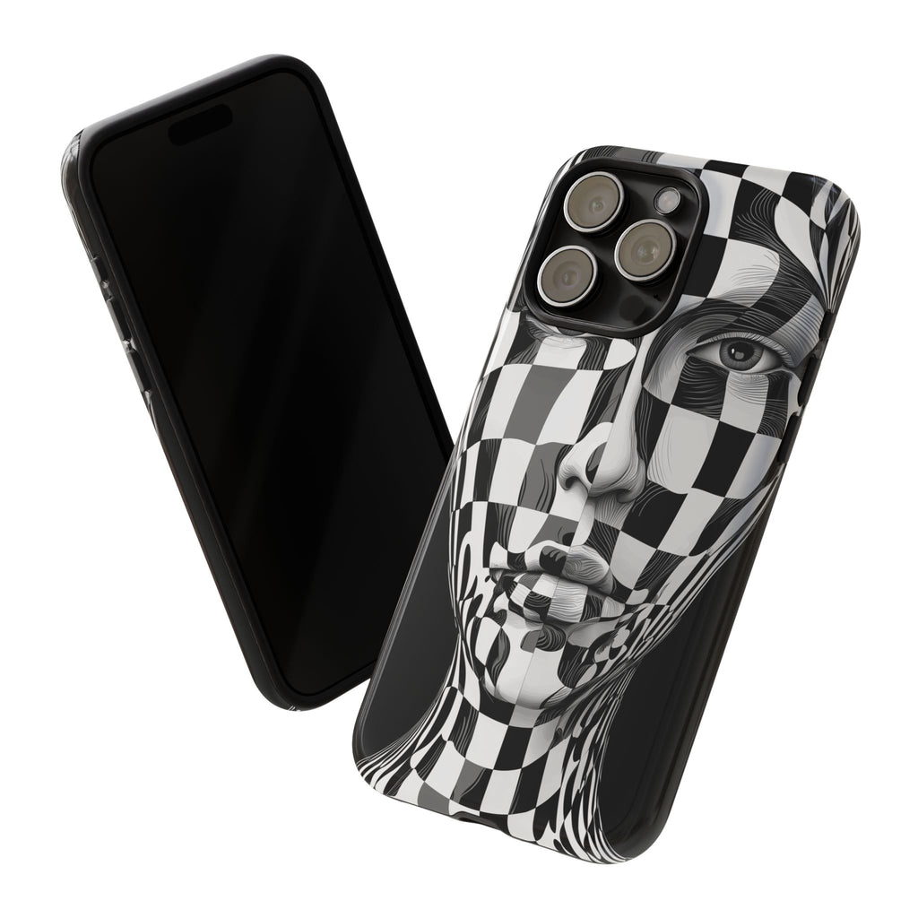 Checkerboard Face Tough iPhone Case — Black & White Surreal Art Protective Cover