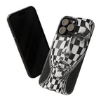 Checkerboard Face Tough iPhone Case — Black & White Surreal Art Protective Cover