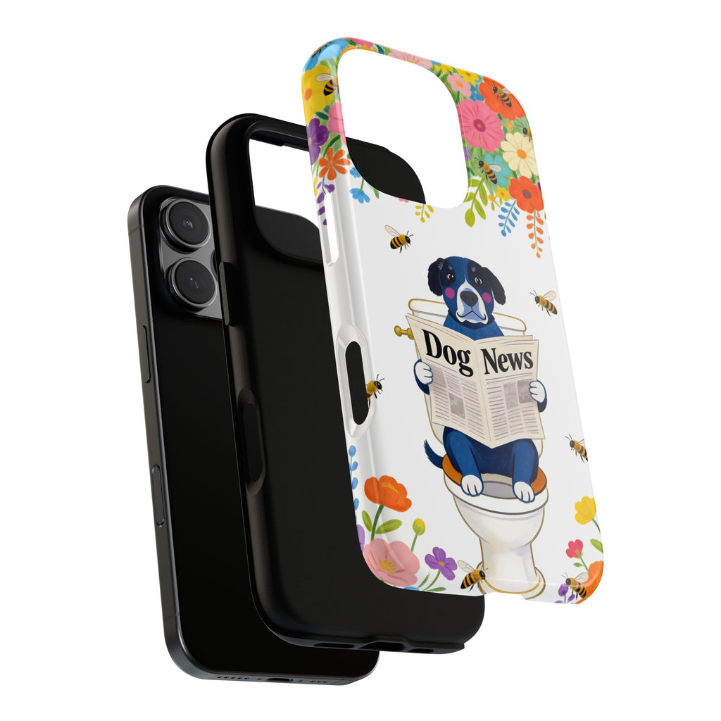 Dog News Floral iPhone Case | Cute Dog on Toilet Pattern, Spring Floral iPhone Cover