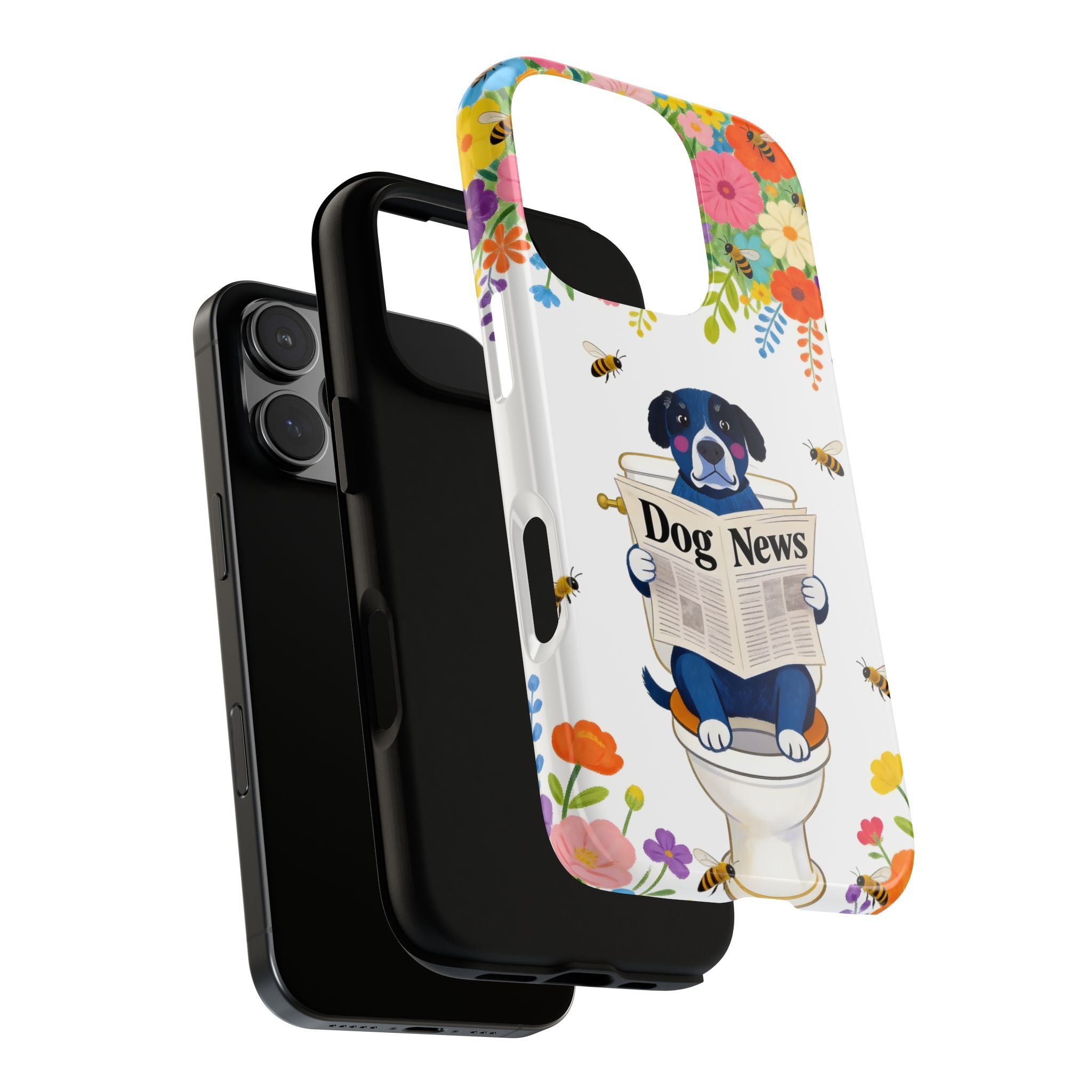 Dog News Floral iPhone Case | Cute Dog on Toilet Pattern, Spring Floral iPhone Cover