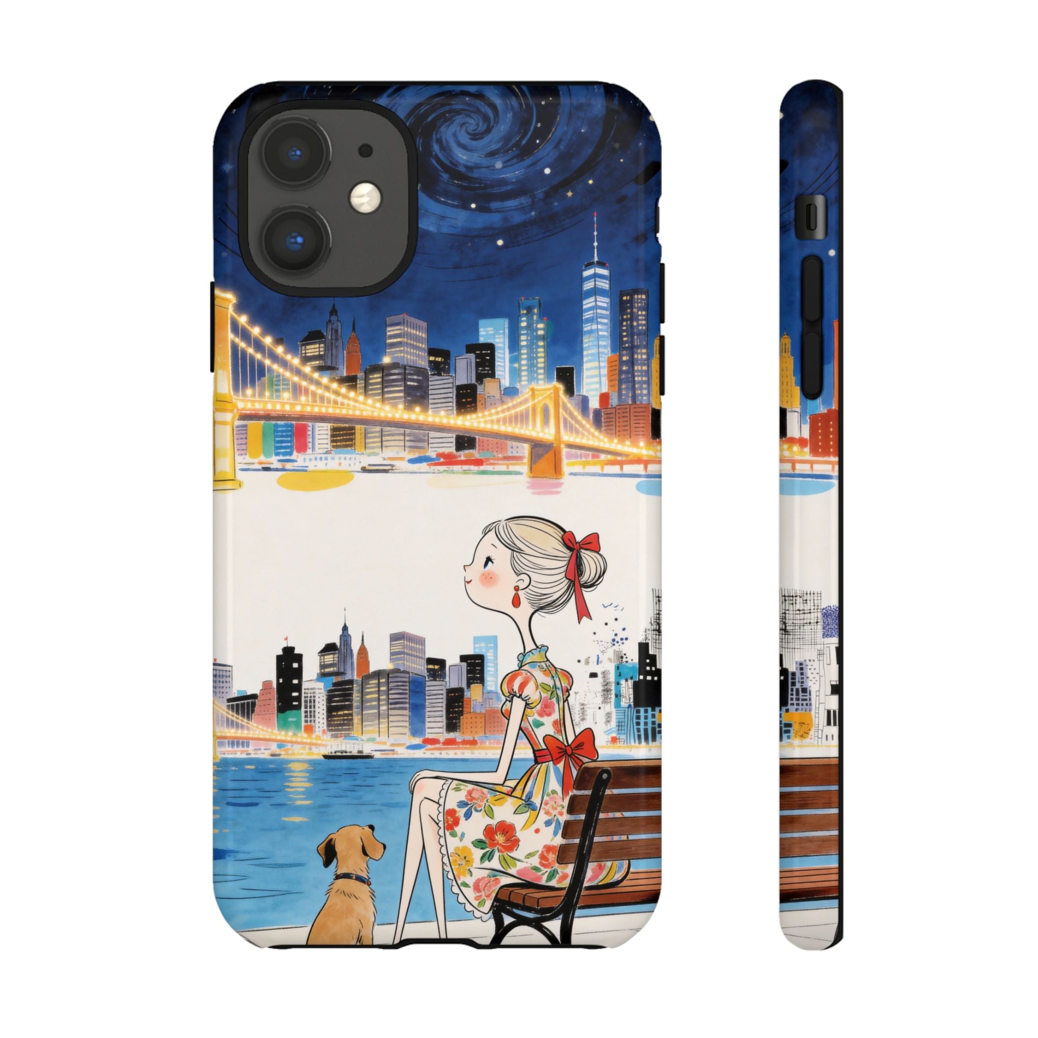 City Night iPhone Case | Cute Girl & Dog Bench Illustration