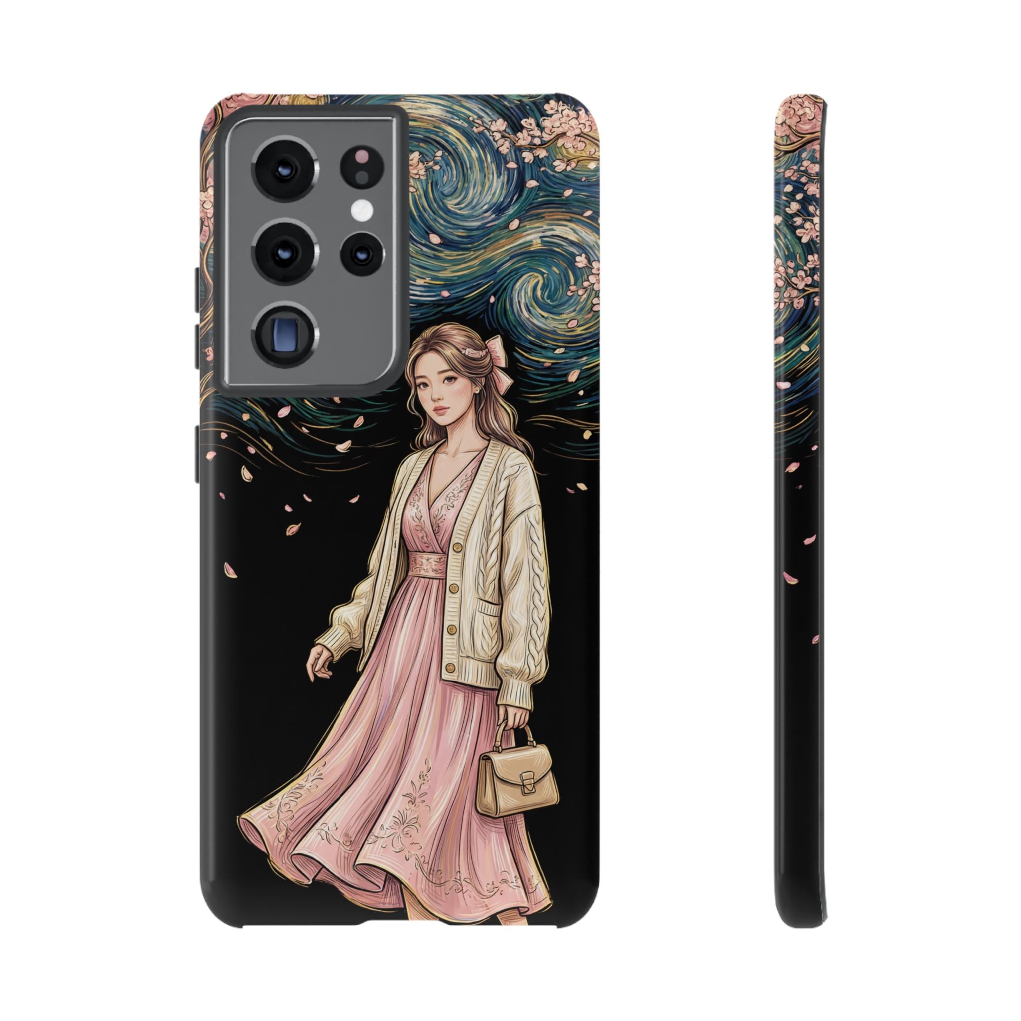 Floral Starry Night Samsung Galaxy Phone Case | Elegant Girl in Pink Dress