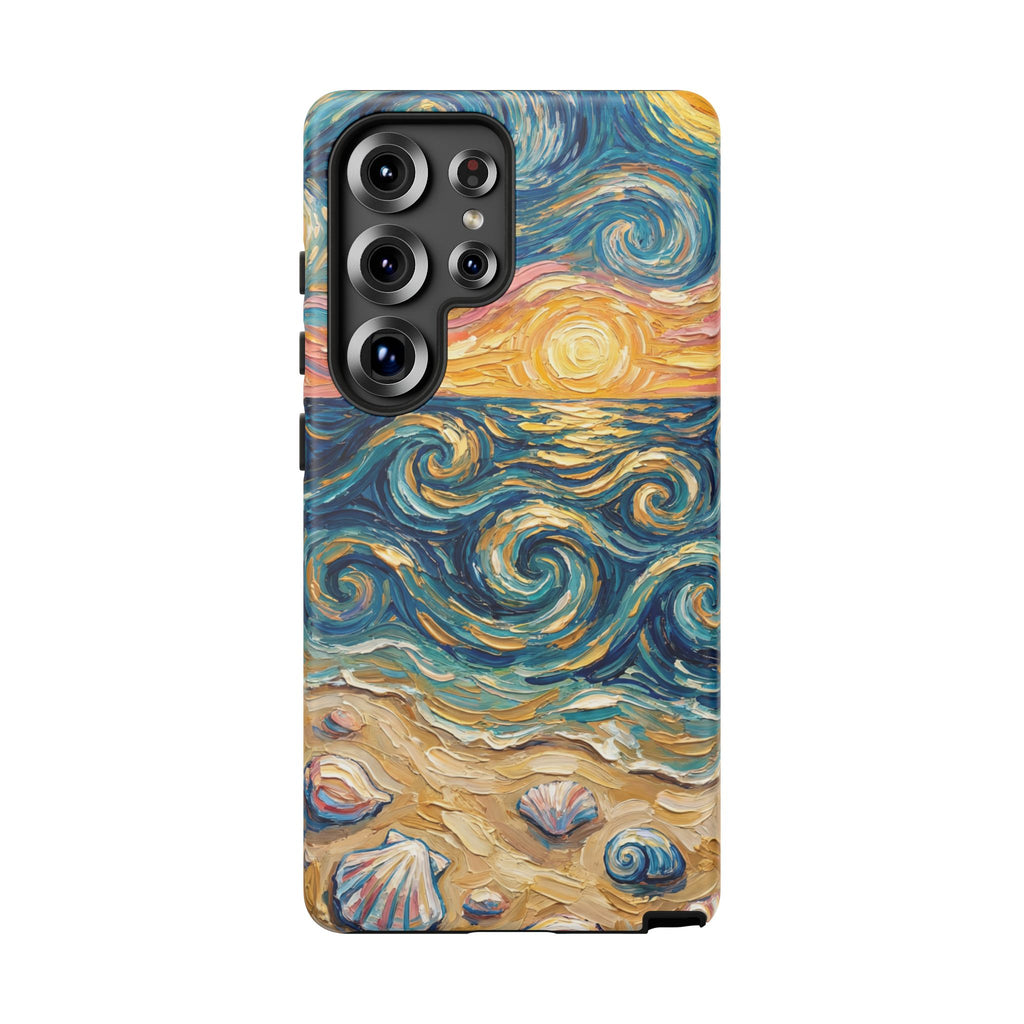 Sea Sunset Samsung Galaxy Case — Van Gogh‑Style Beach Waves with Shells