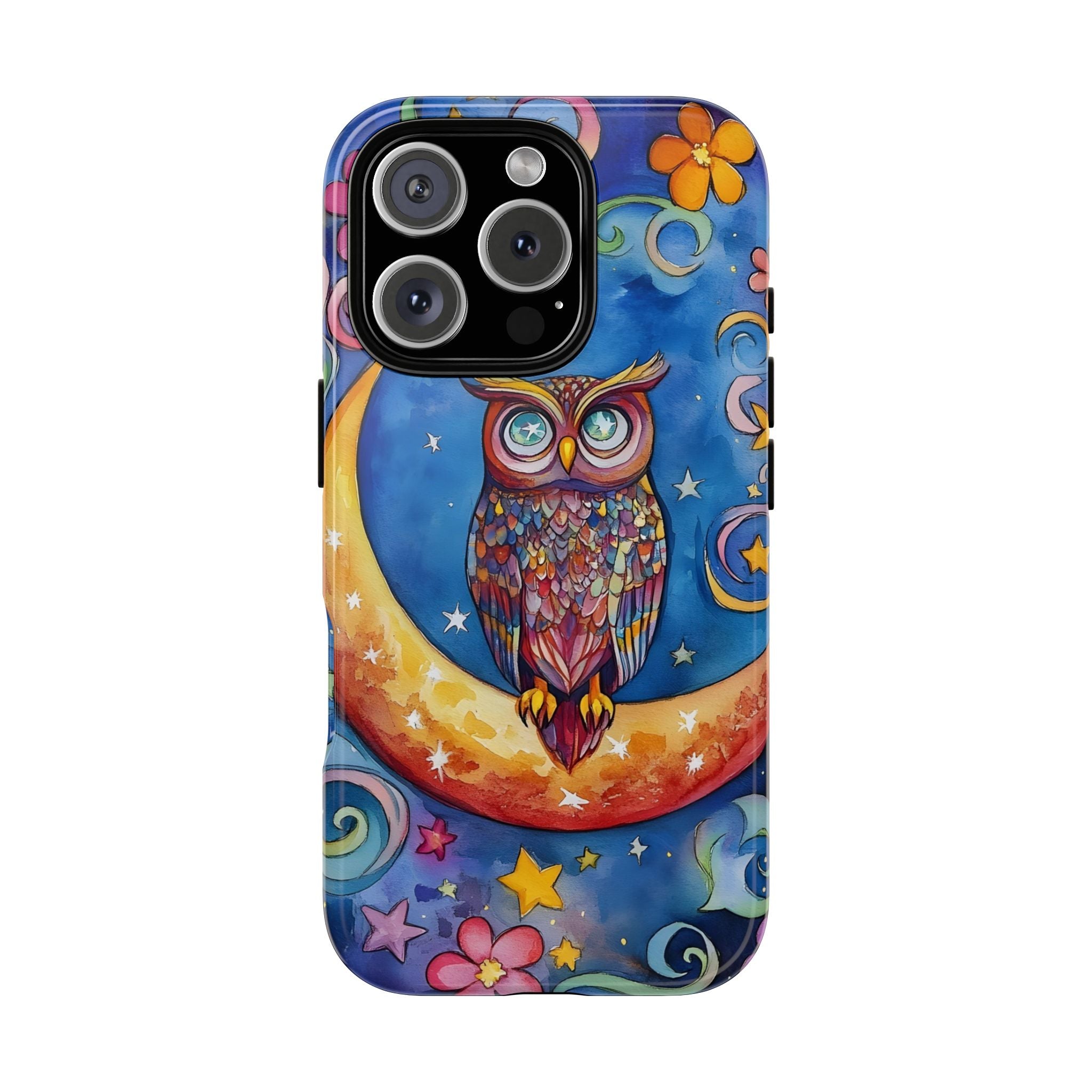 Owl on Crescent Moon iPhone Case — Colourful Whimsical Night Sky Design