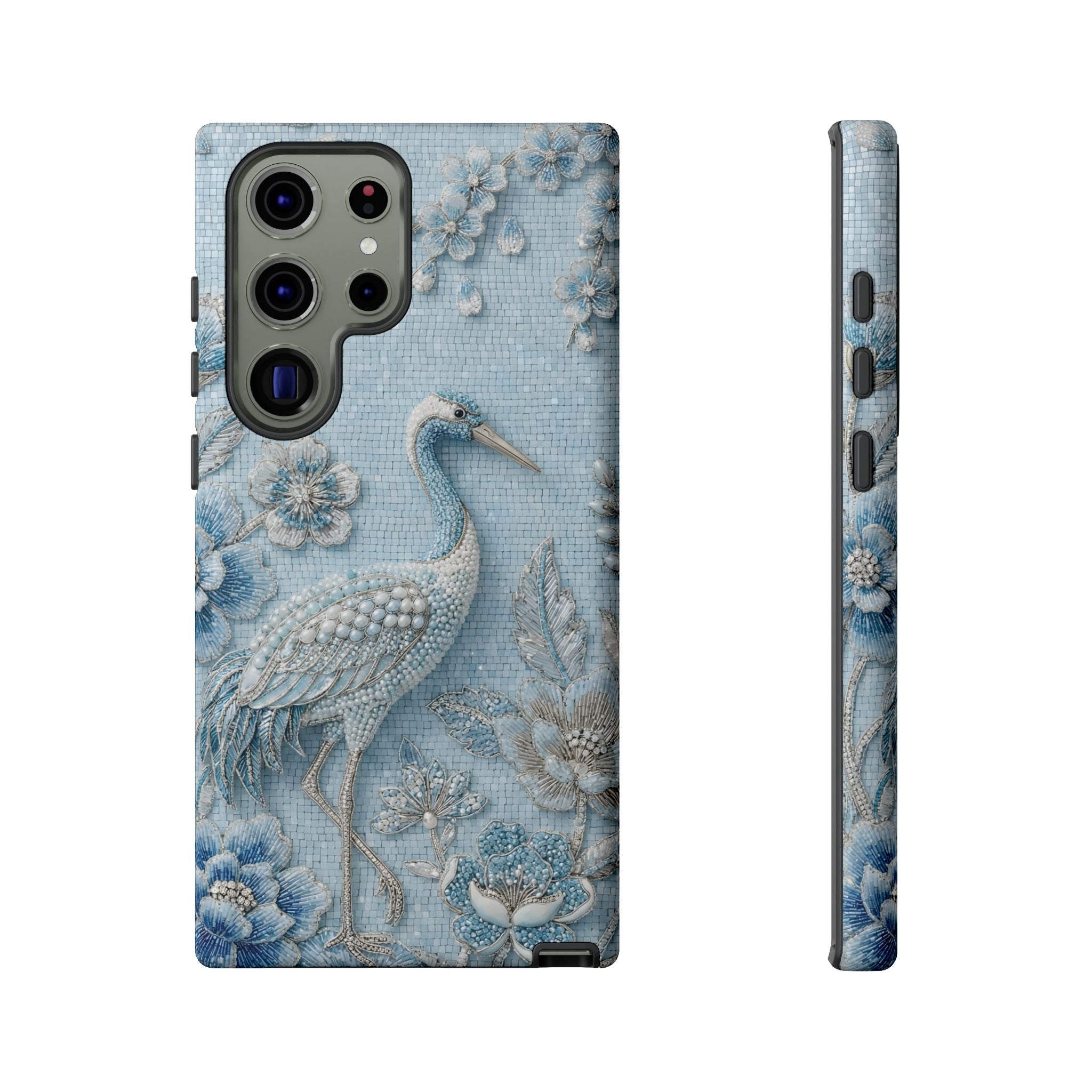 Blue Crane Floral Samsung Galaxy Phone Case | Vintage Embossed Bird Design