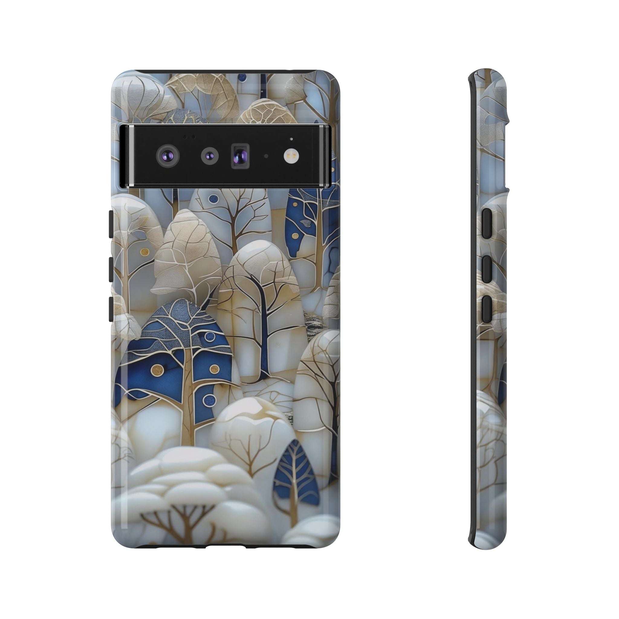 Blue Gold Winter Forest Google Pixel Case — Elegant Tree Pattern Tough Case