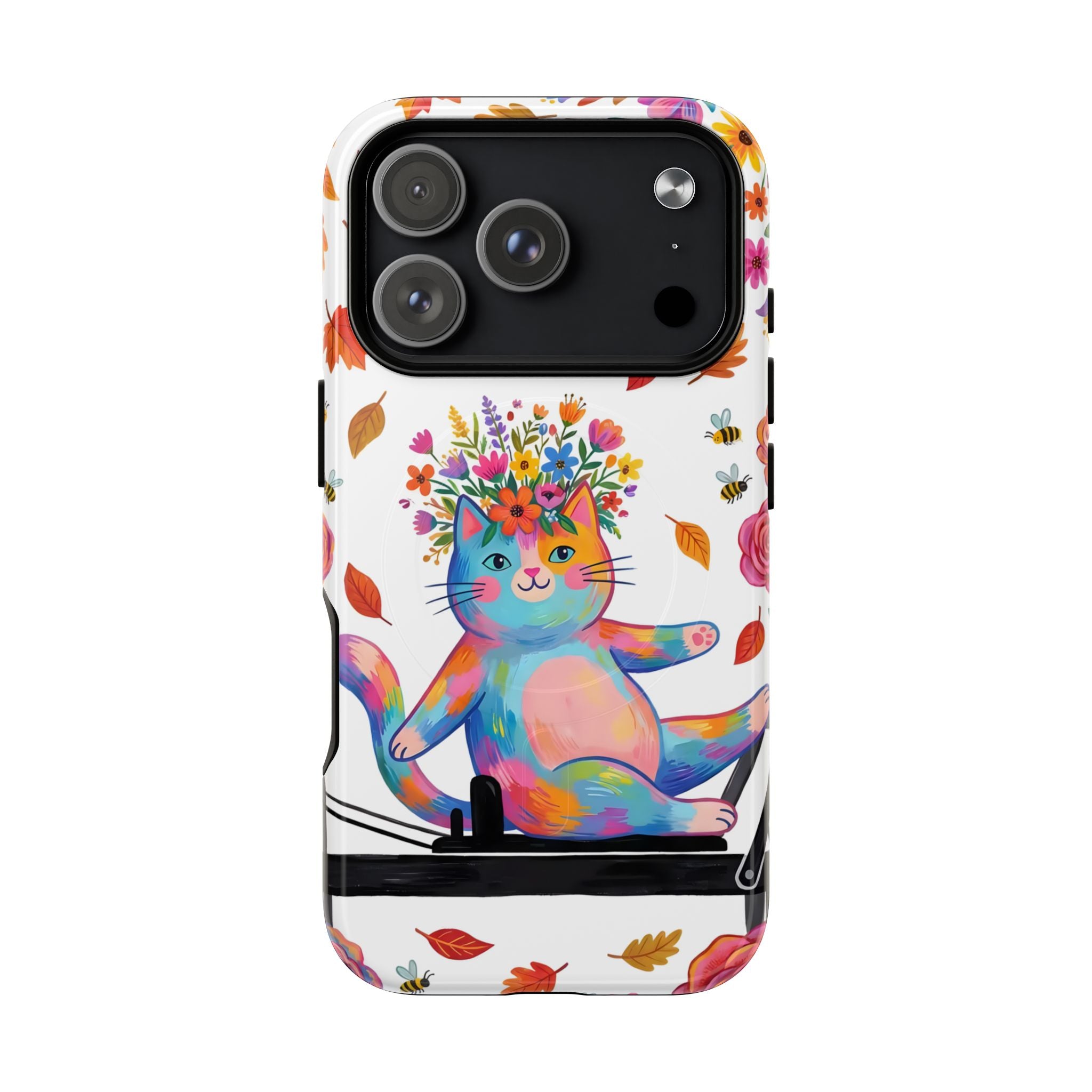 Colorful Floral Cat on Pilates Reformer Protective MagSafe iPhone Case
