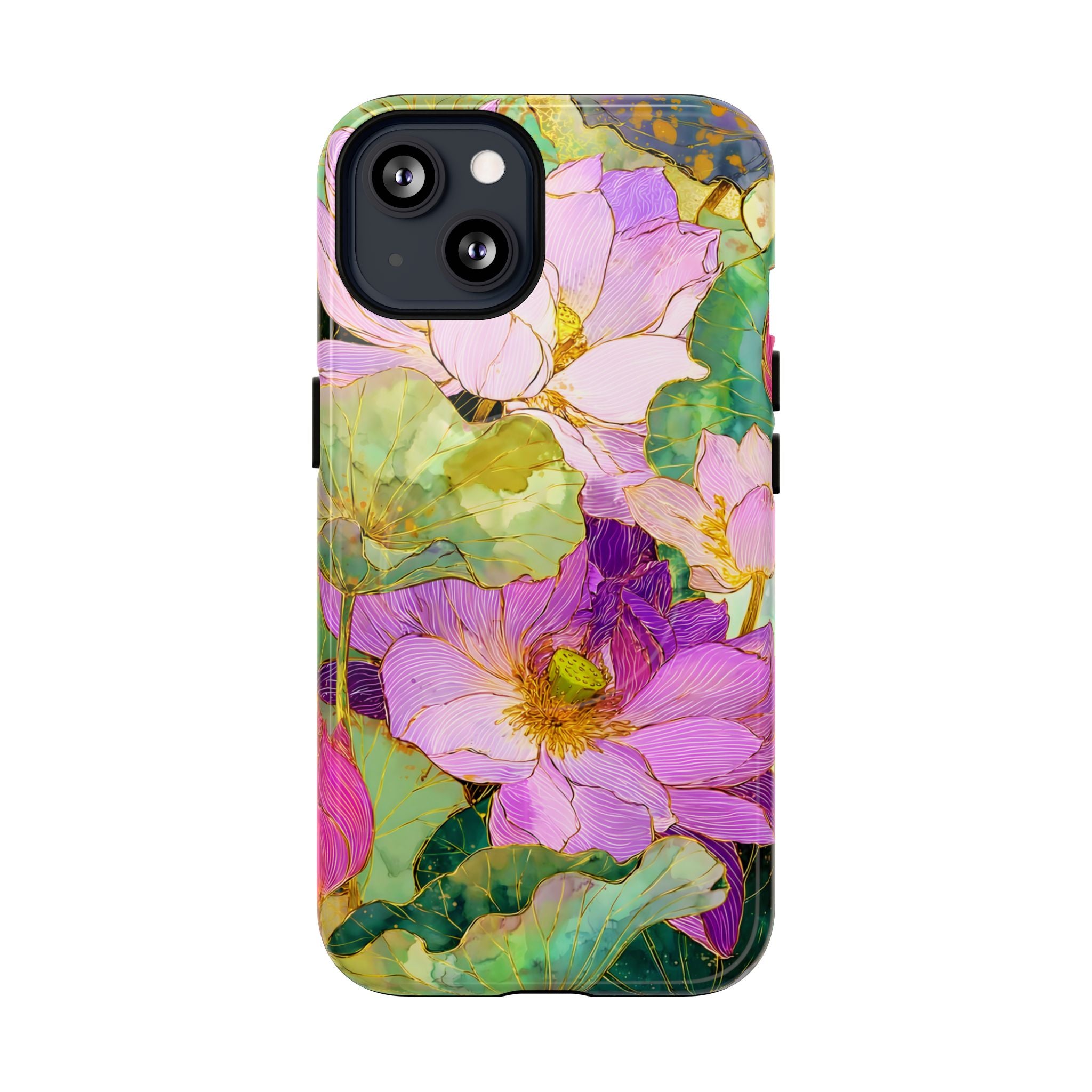 Floral Watercolor Tough MagSafe iPhone Case | Pink Lotus Garden Protective Cover