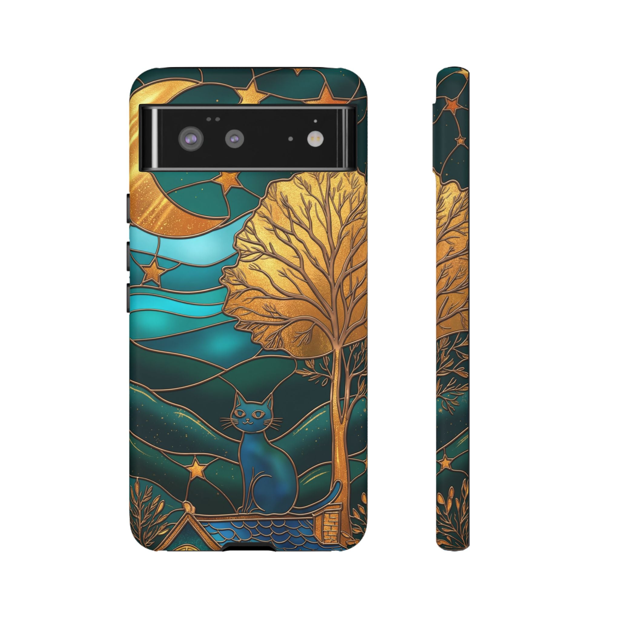 Stained Glass Night Cat Google Pixel Case | Teal & Gold Art Deco Protection