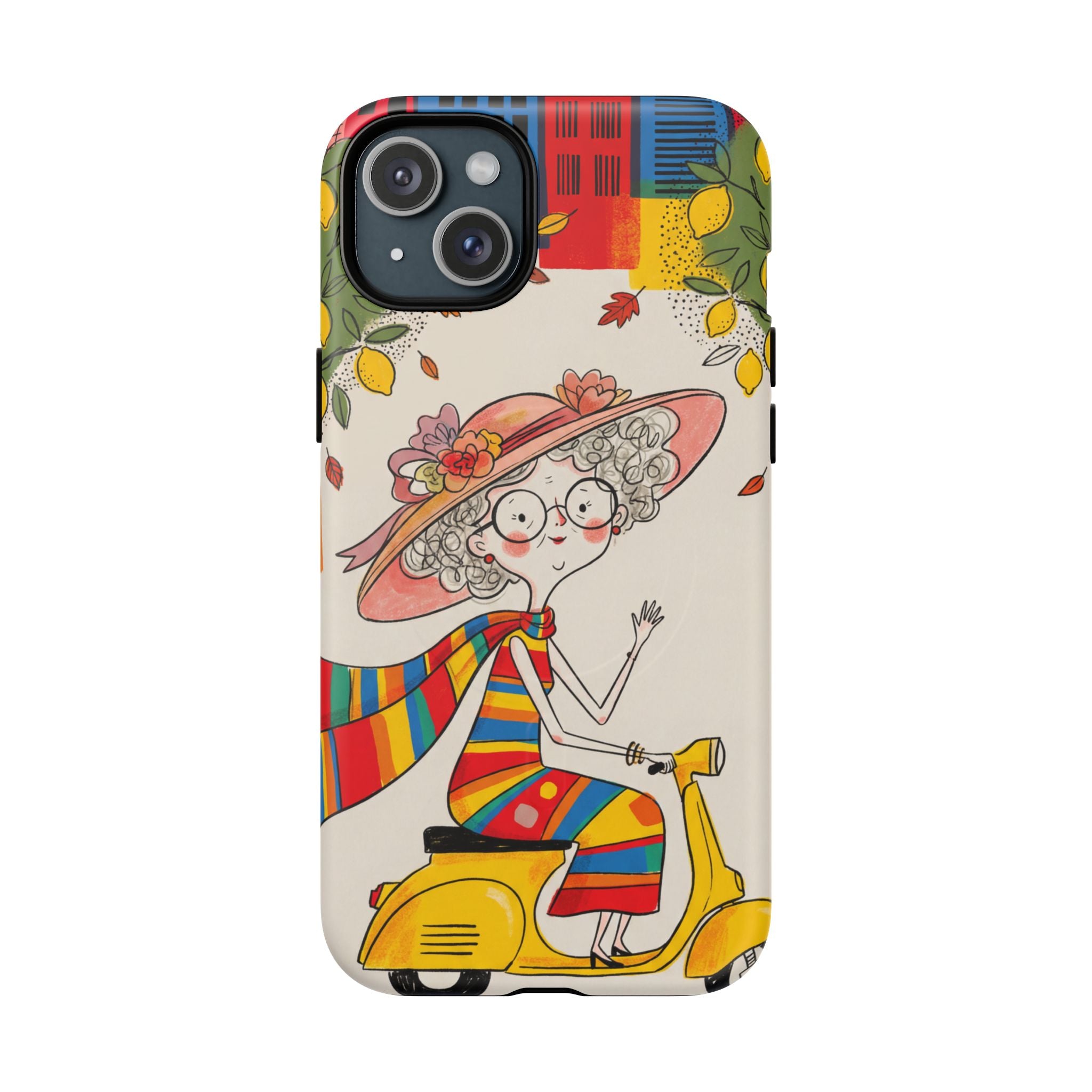 Vintage Scooter Granny MagSafe iPhone Case | Colourful Retro Elderly Lady Design
