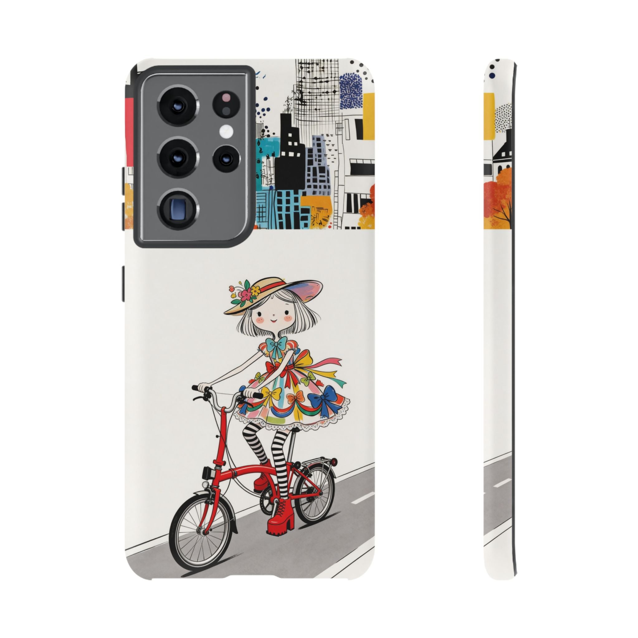 Whimsical Girl on Brompton Bicycle Urban Illustration Samsung Galaxy Phone Case