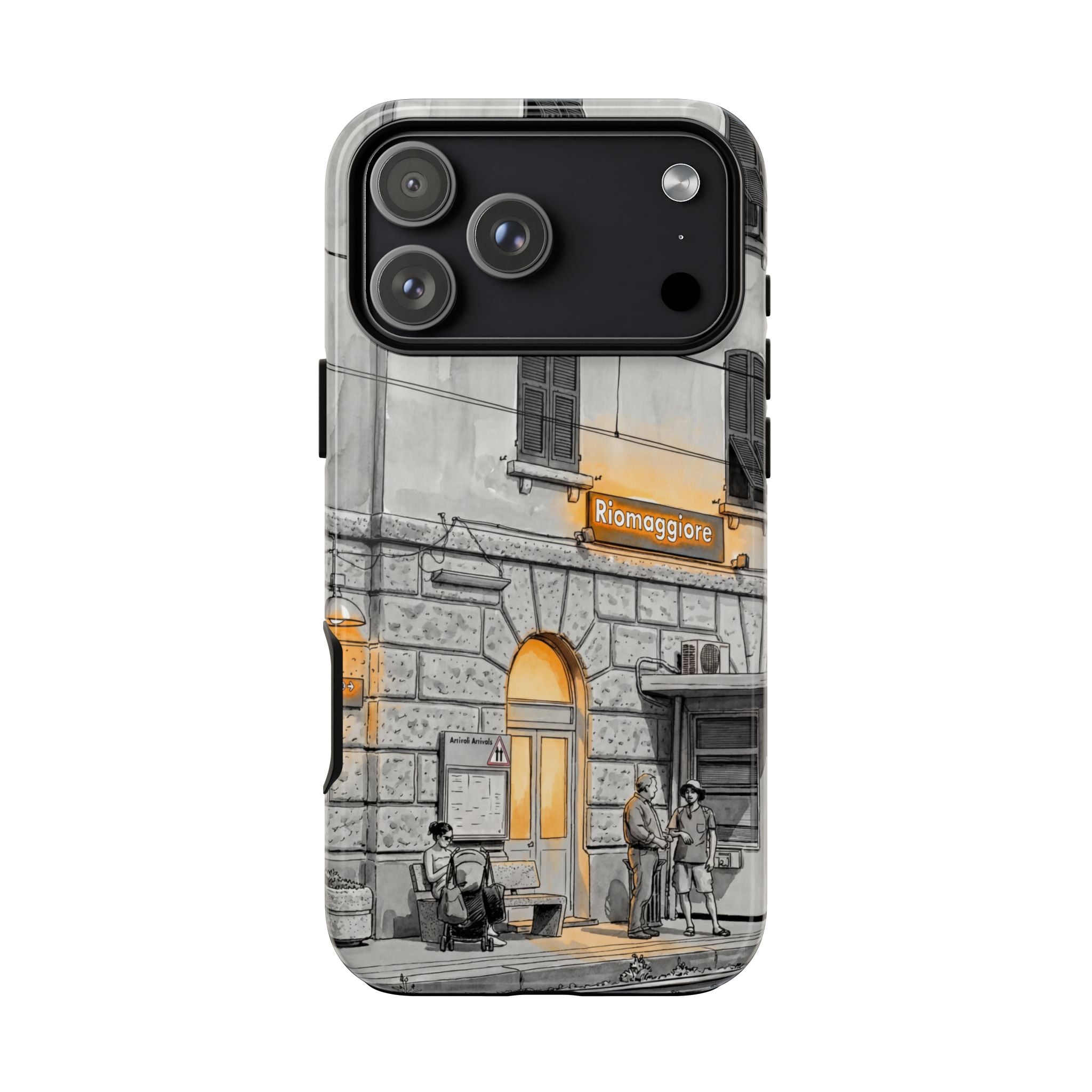 Cinque Terre Train Station iPhone Case | Black & White Sketch with Warm Yellow Accents