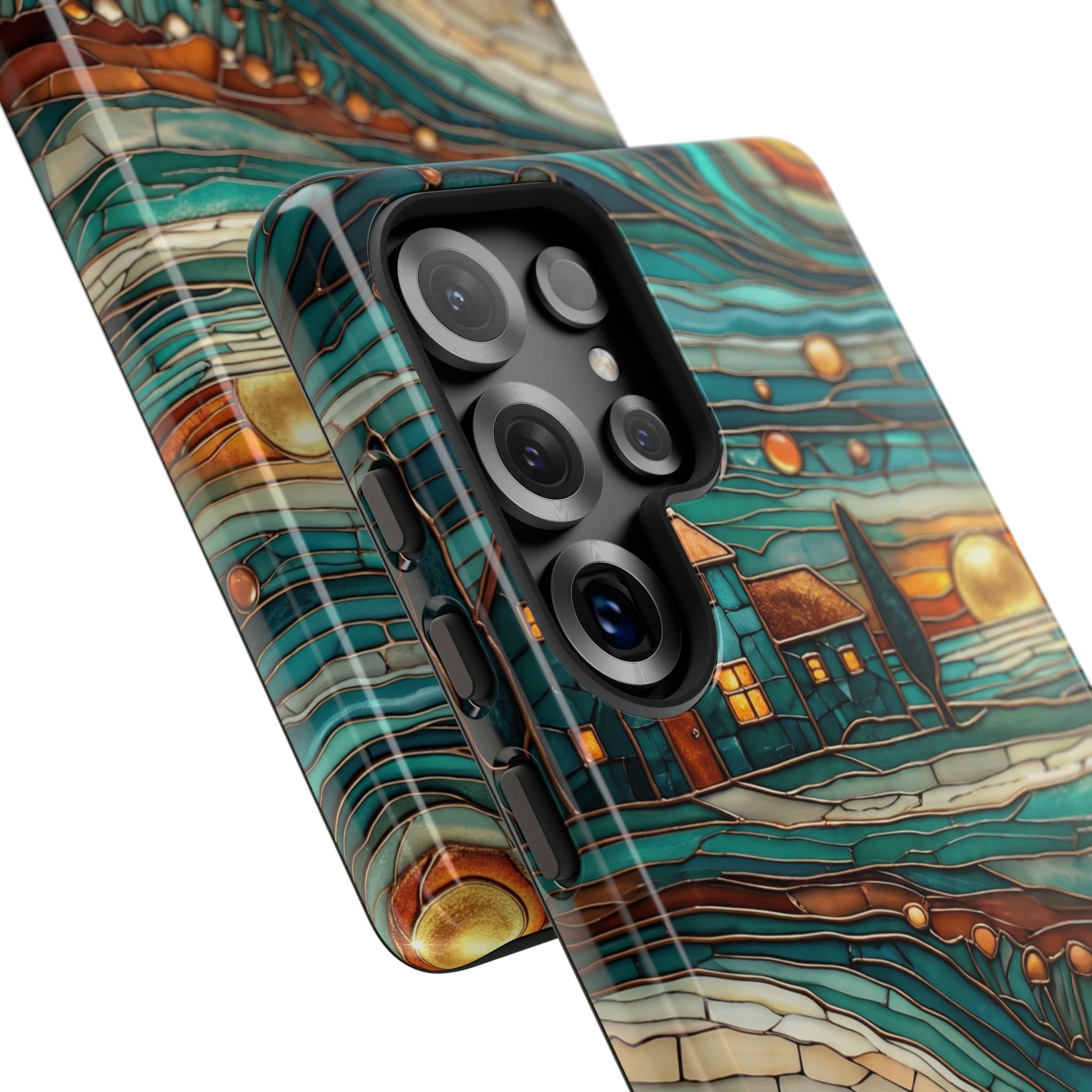 Artistic Sunset Cottage Samsung Galaxy Case | Whimsical Floral Landscape Protective Cover