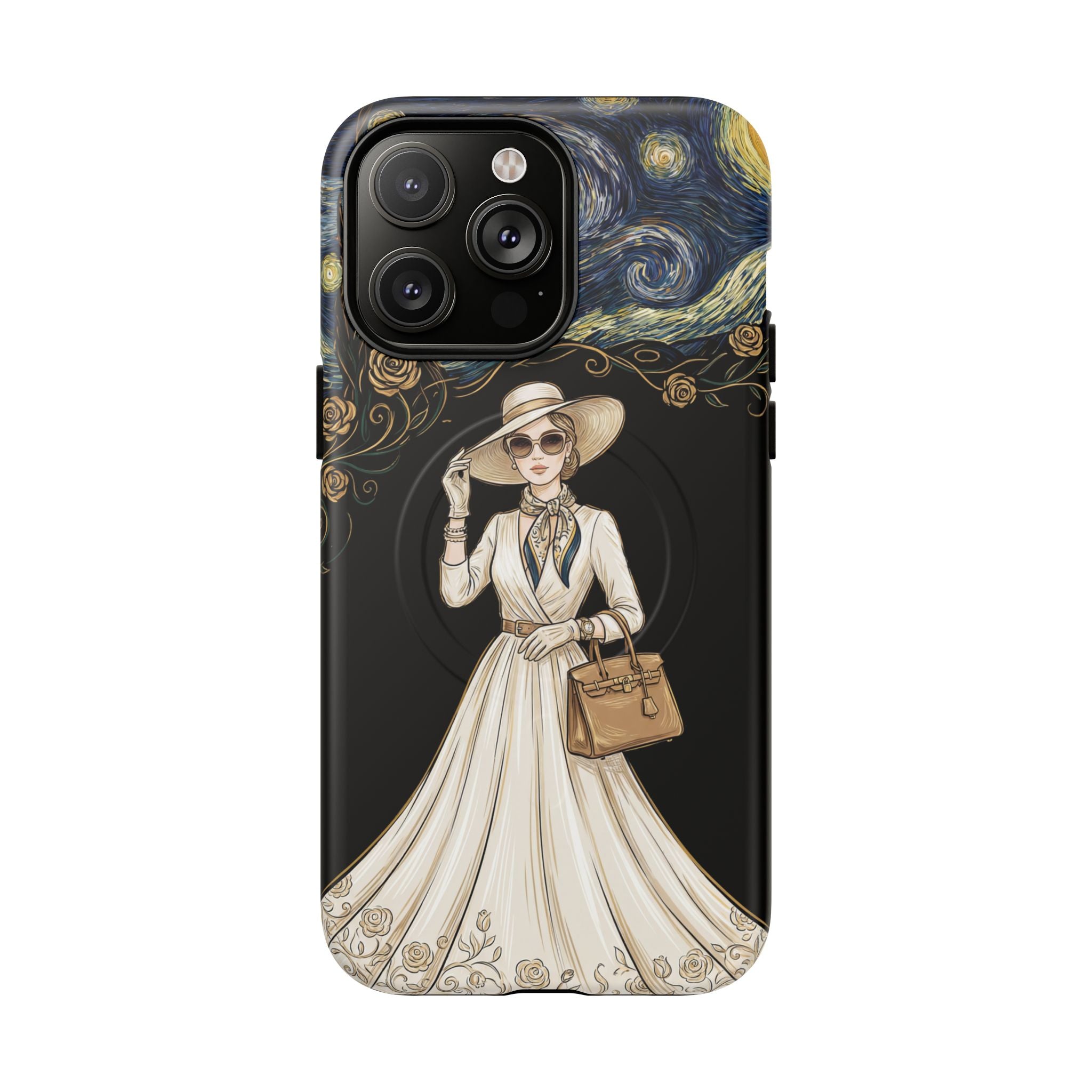 Vintage Starry Night Fashion MagSafe iPhone Case | Elegant Lady in White Dress