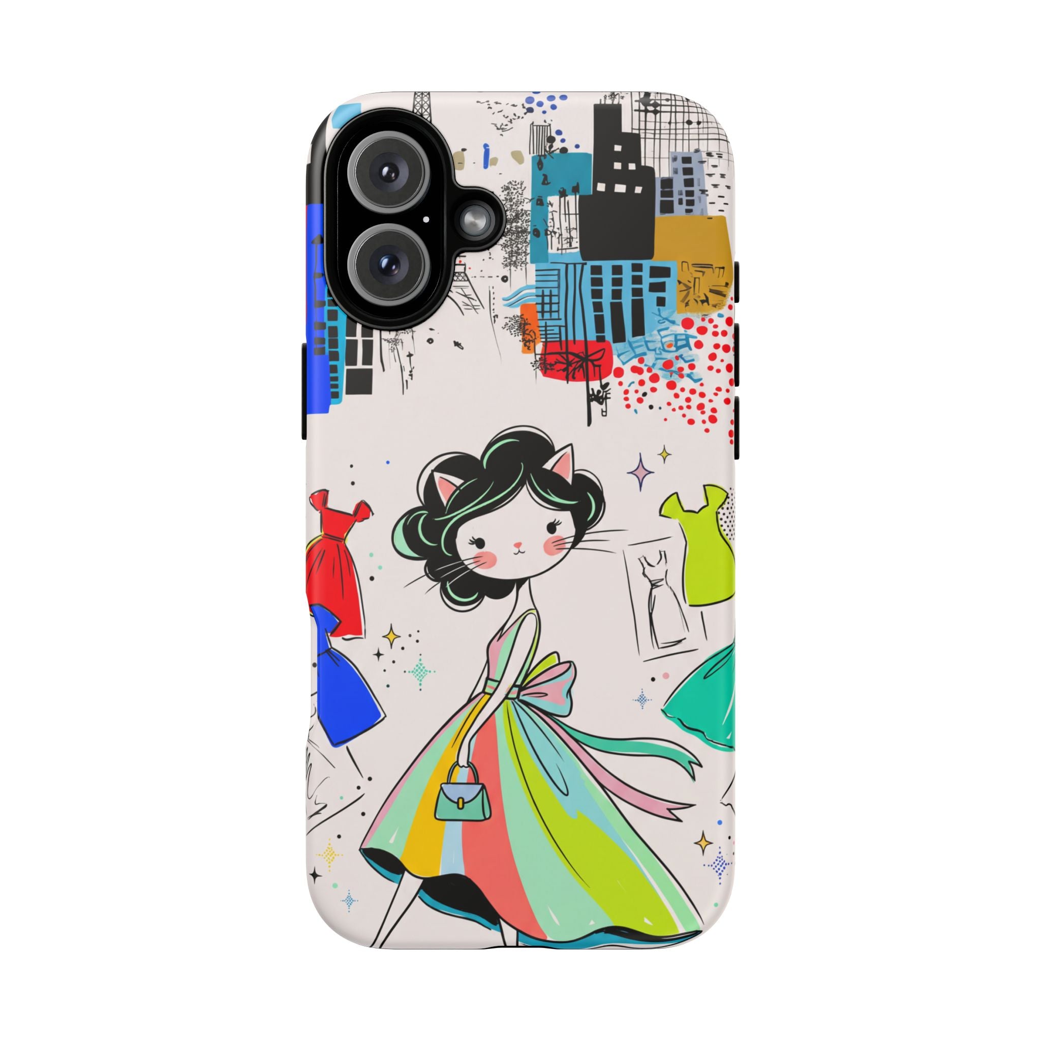 Retro Fashion Cat Girl iPhone Case | Cute Dress & City Print