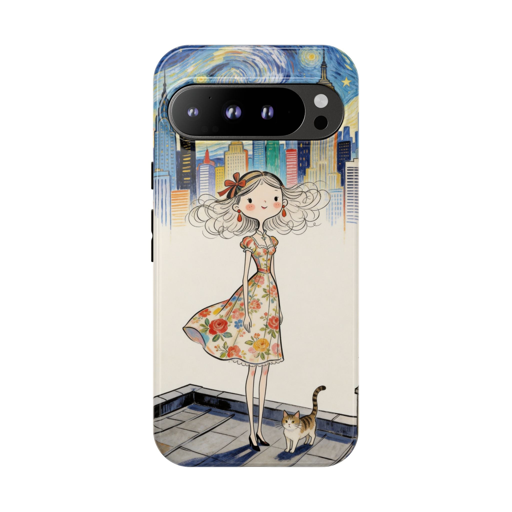 Artistic Girl Cityscape Google Pixel Phone Case | Cute Floral Dress Rooftop Design