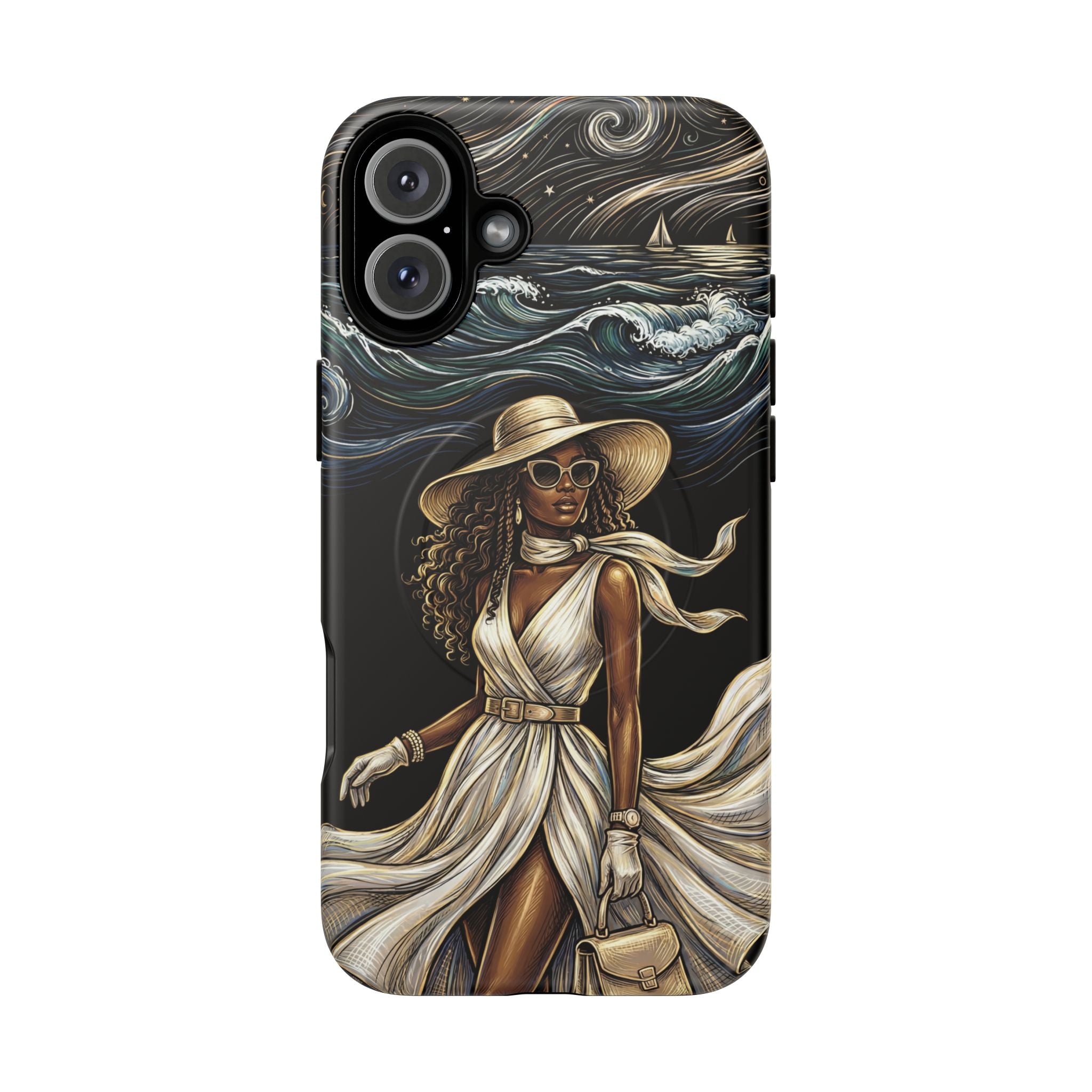 MagSafe iPhone Case | Elegant Black Woman in Flowing Dress by the Sea