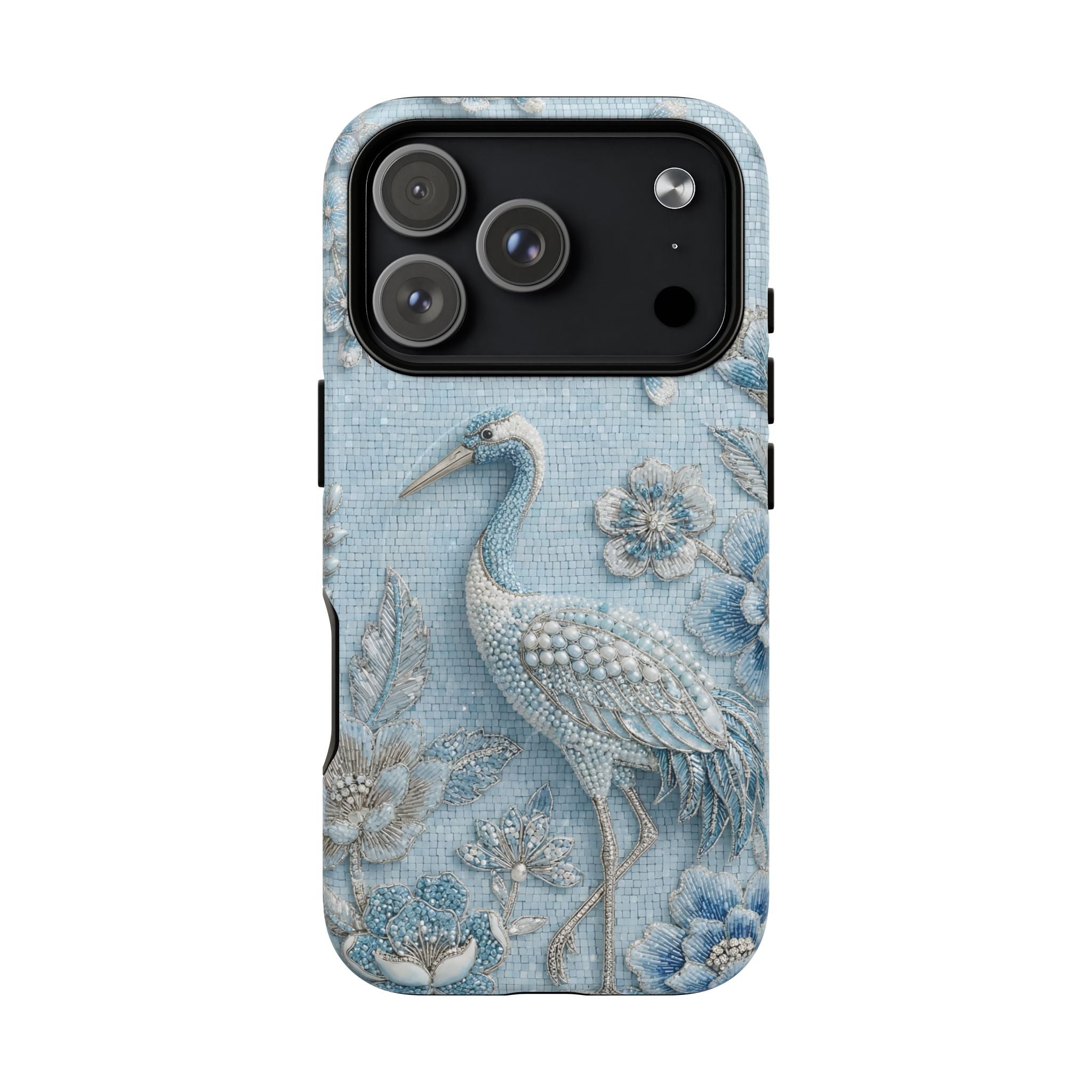 Blue Crane Floral MagSafe iPhone Case | Vintage Embossed Bird Design