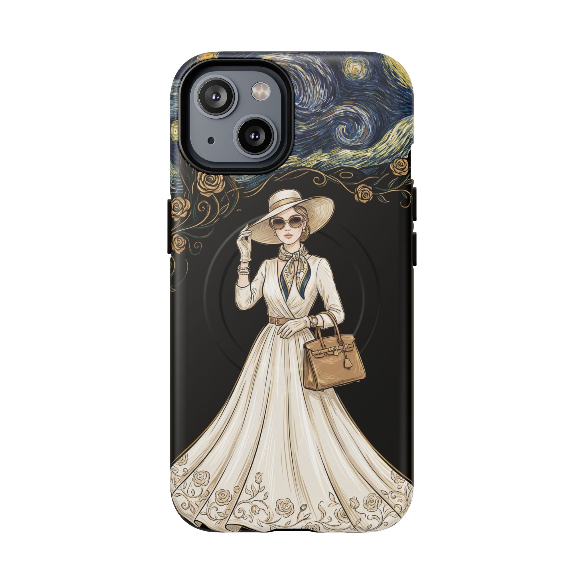 Vintage Starry Night Fashion MagSafe iPhone Case | Elegant Lady in White Dress