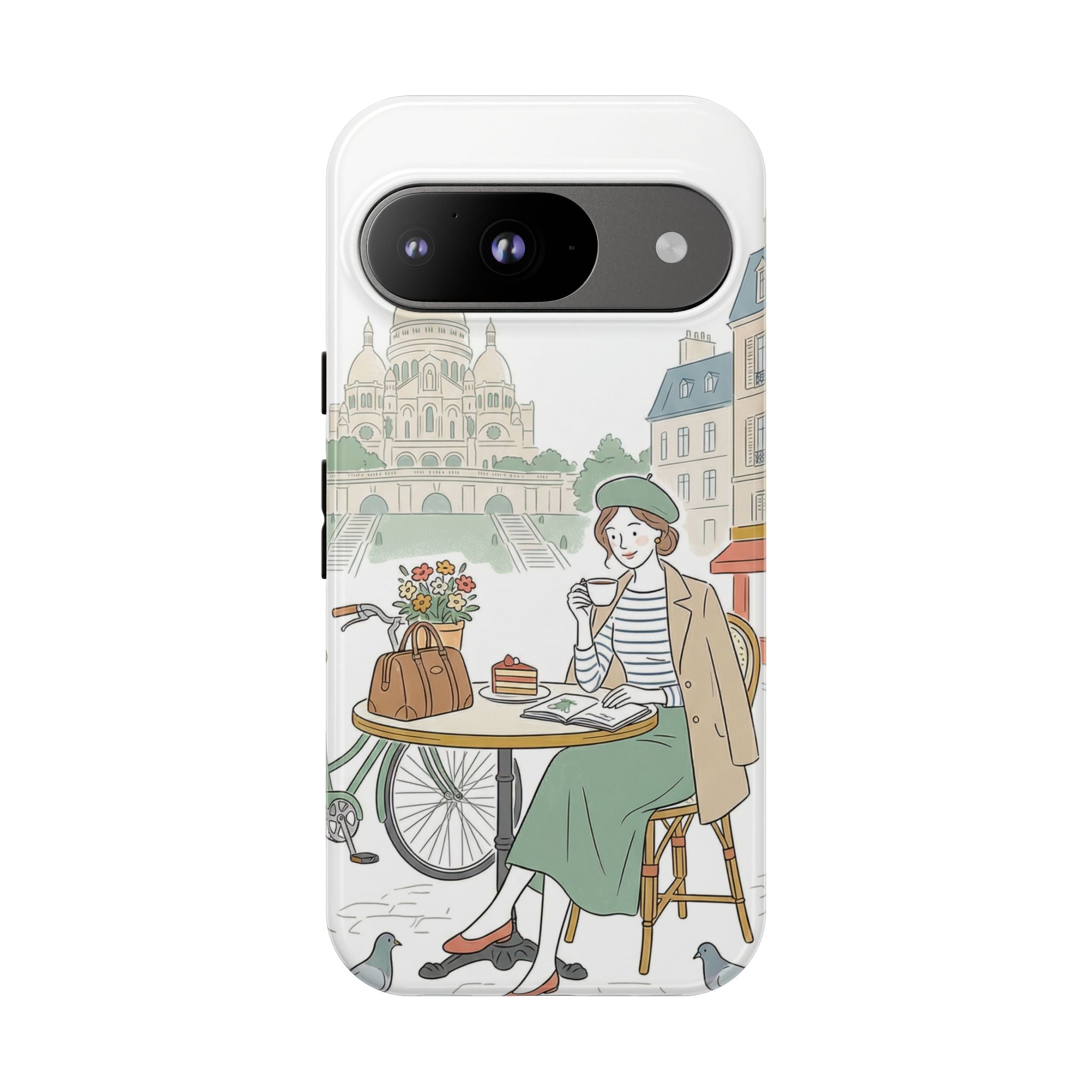 Paris Cafe Illustration Google Pixel Phone Case | Vintage Bicycles & Pigeons Protective Cover