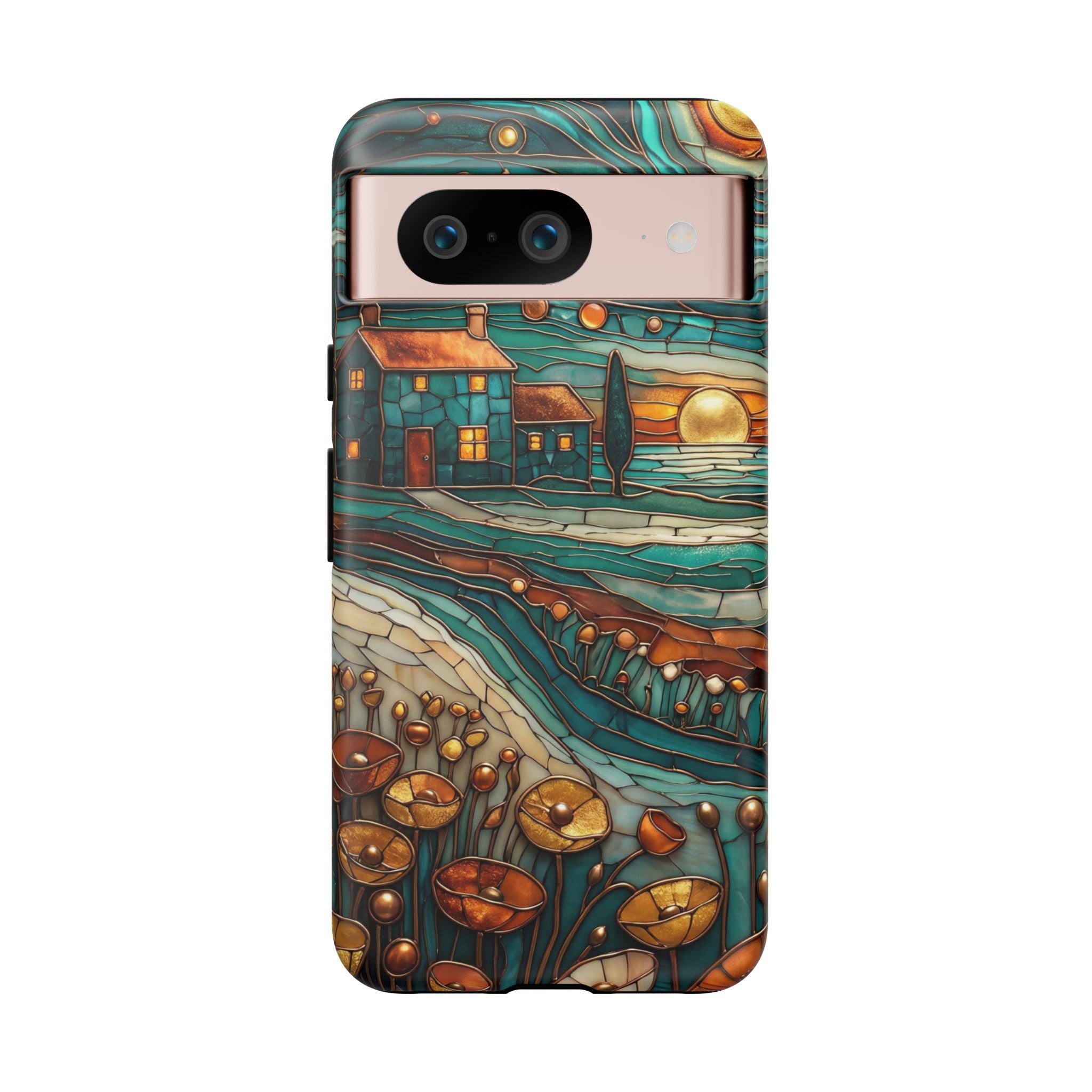 Artistic Sunset Cottage Google Pixel Case | Whimsical Floral Landscape Protective Cover