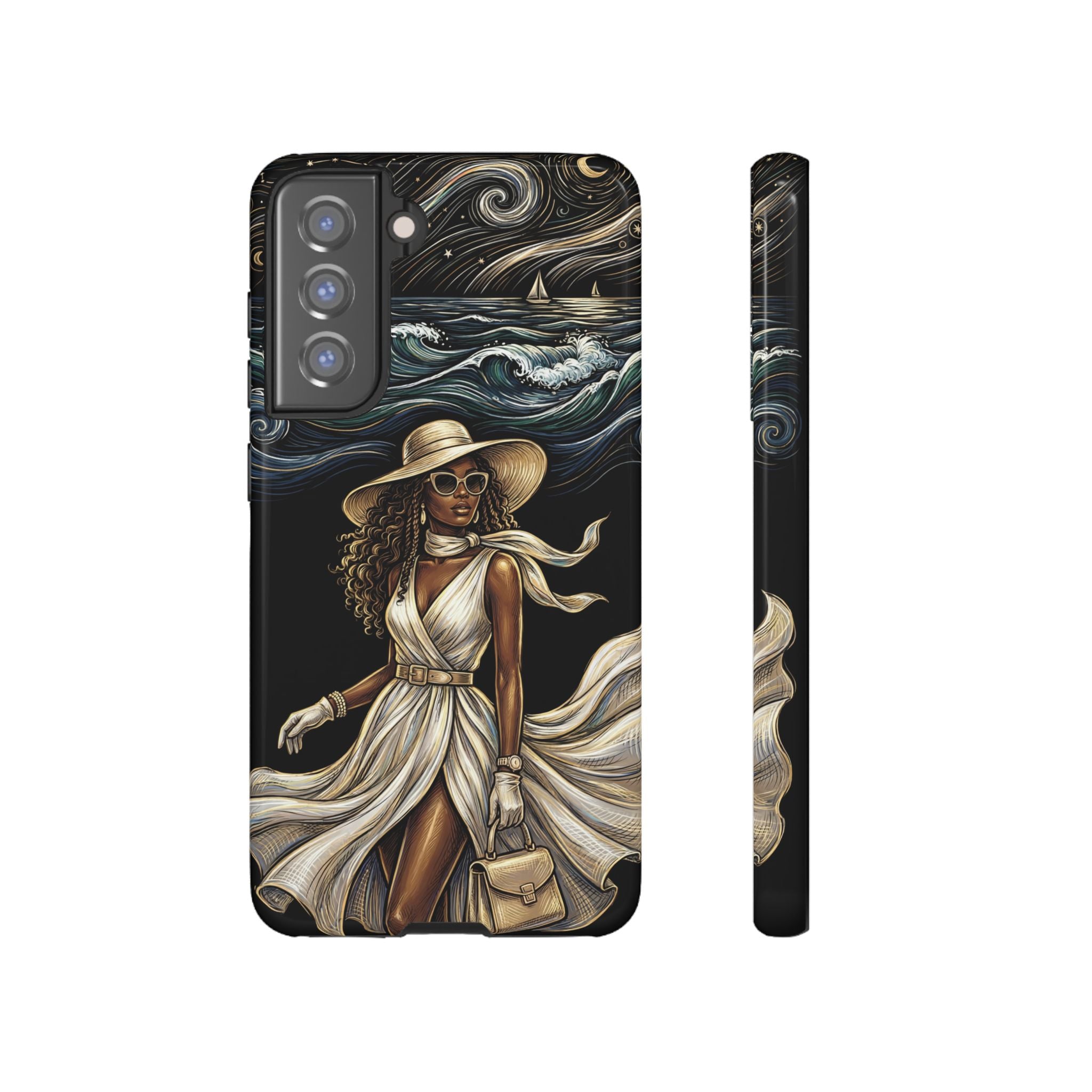 Samsung Galaxy Phone Case | Elegant Black Woman in Flowing Dress by the Sea