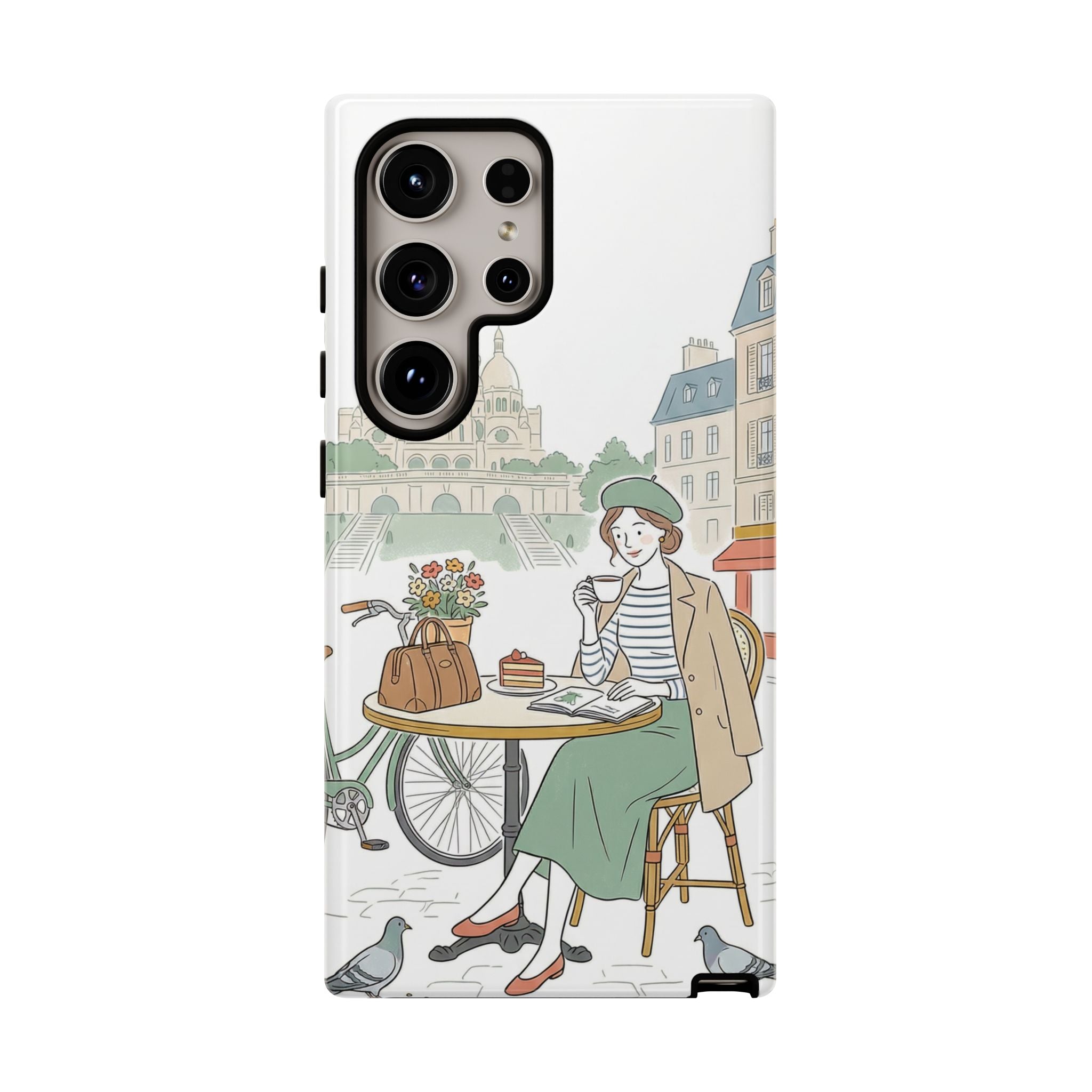 Paris Cafe Illustration Samsung Galaxy Phone Case | Vintage Bicycles & Pigeons Protective Cover