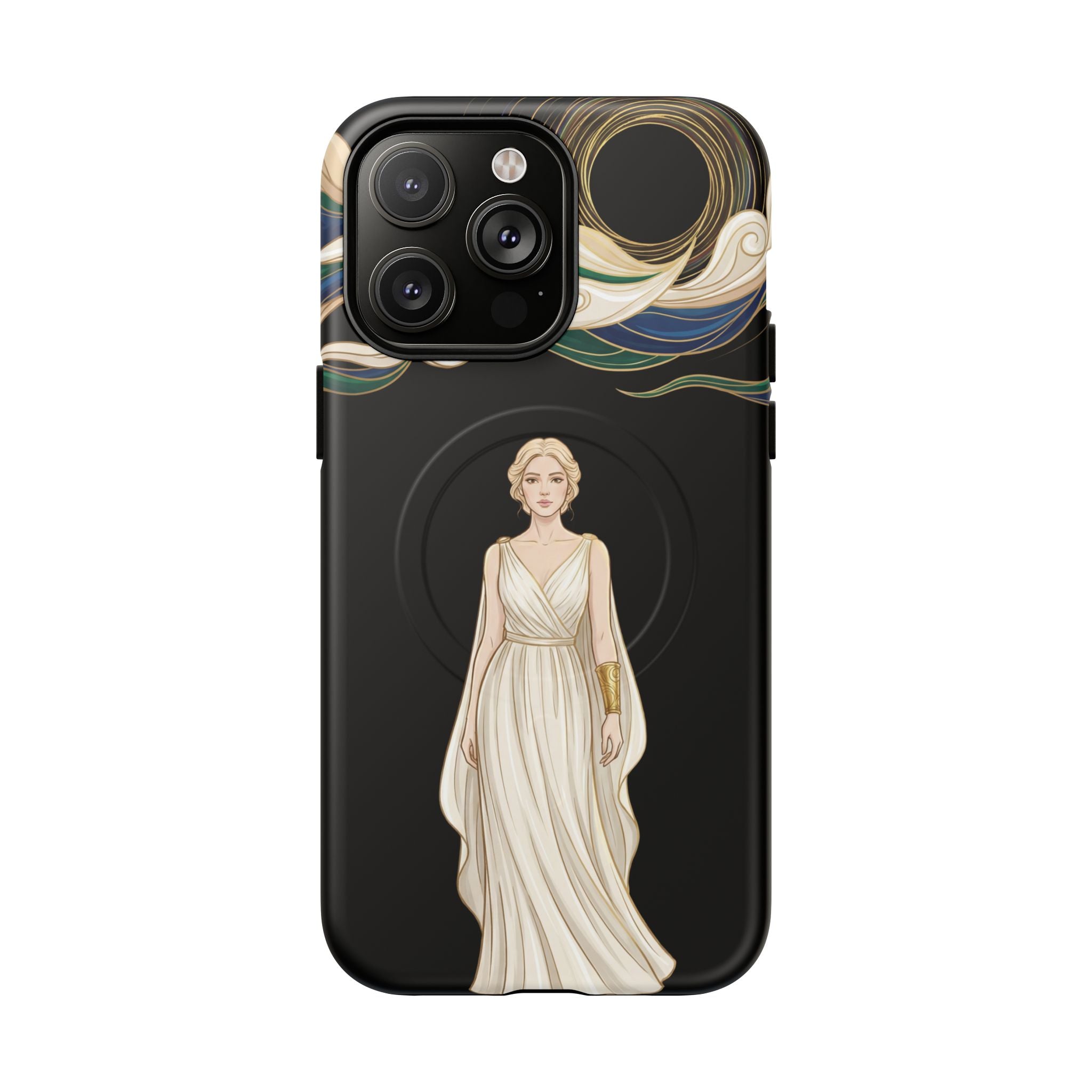 Art Nouveau Goddess MagSafe iPhone Case | Elegant Woman Illustration on Black