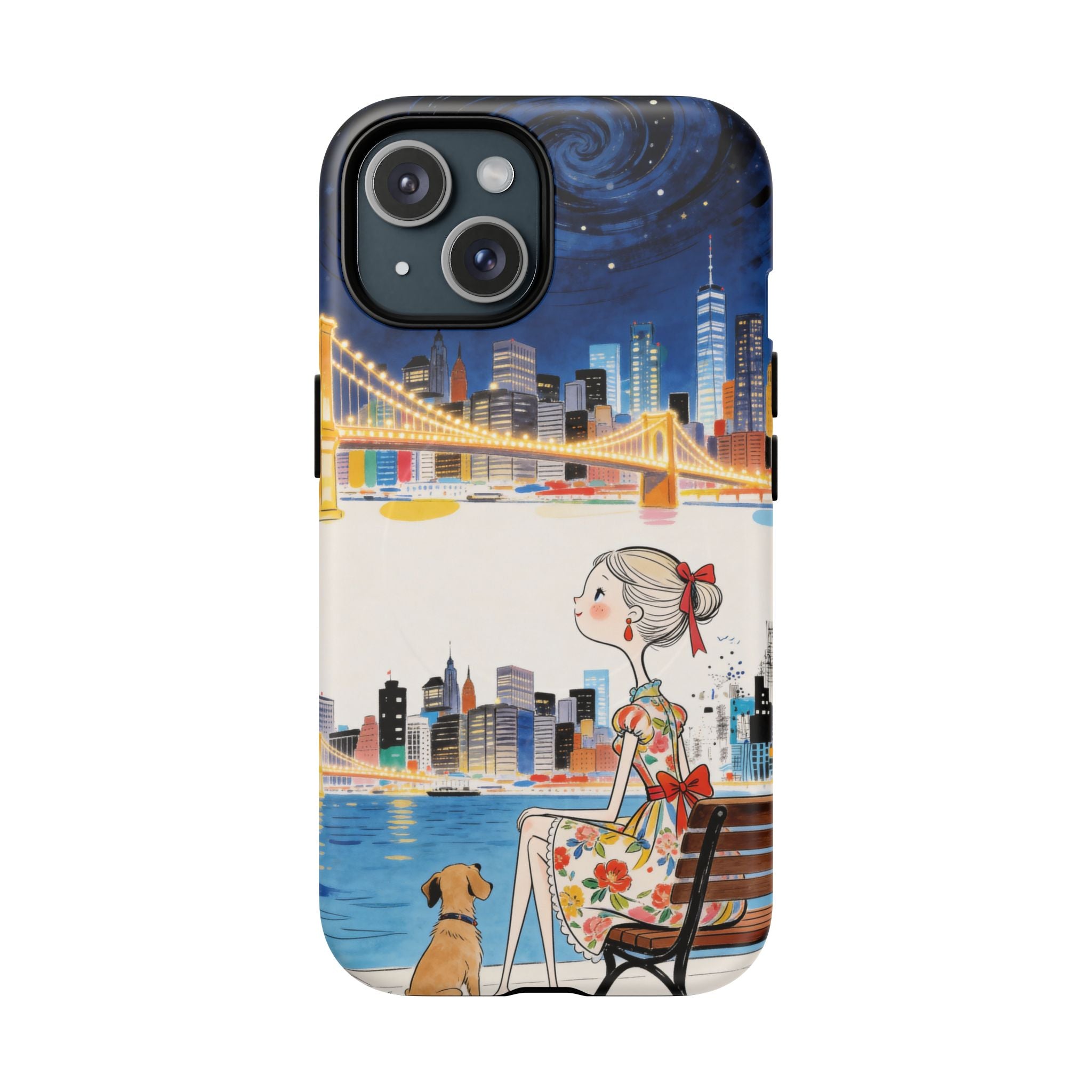 City Night MagSafe iPhone Case | Cute Girl & Dog Bench Illustration