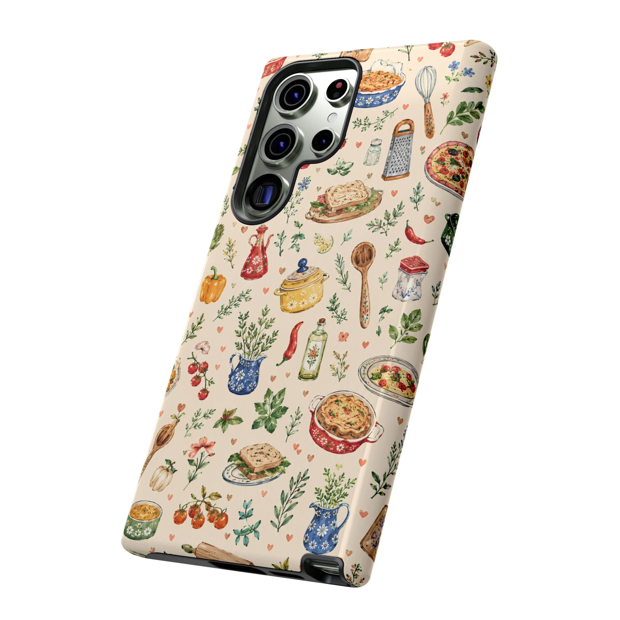 Kitchen Pattern Samsung Galaxy Phone Case | Cute Watercolor Cooking & Herbs Protective Cover