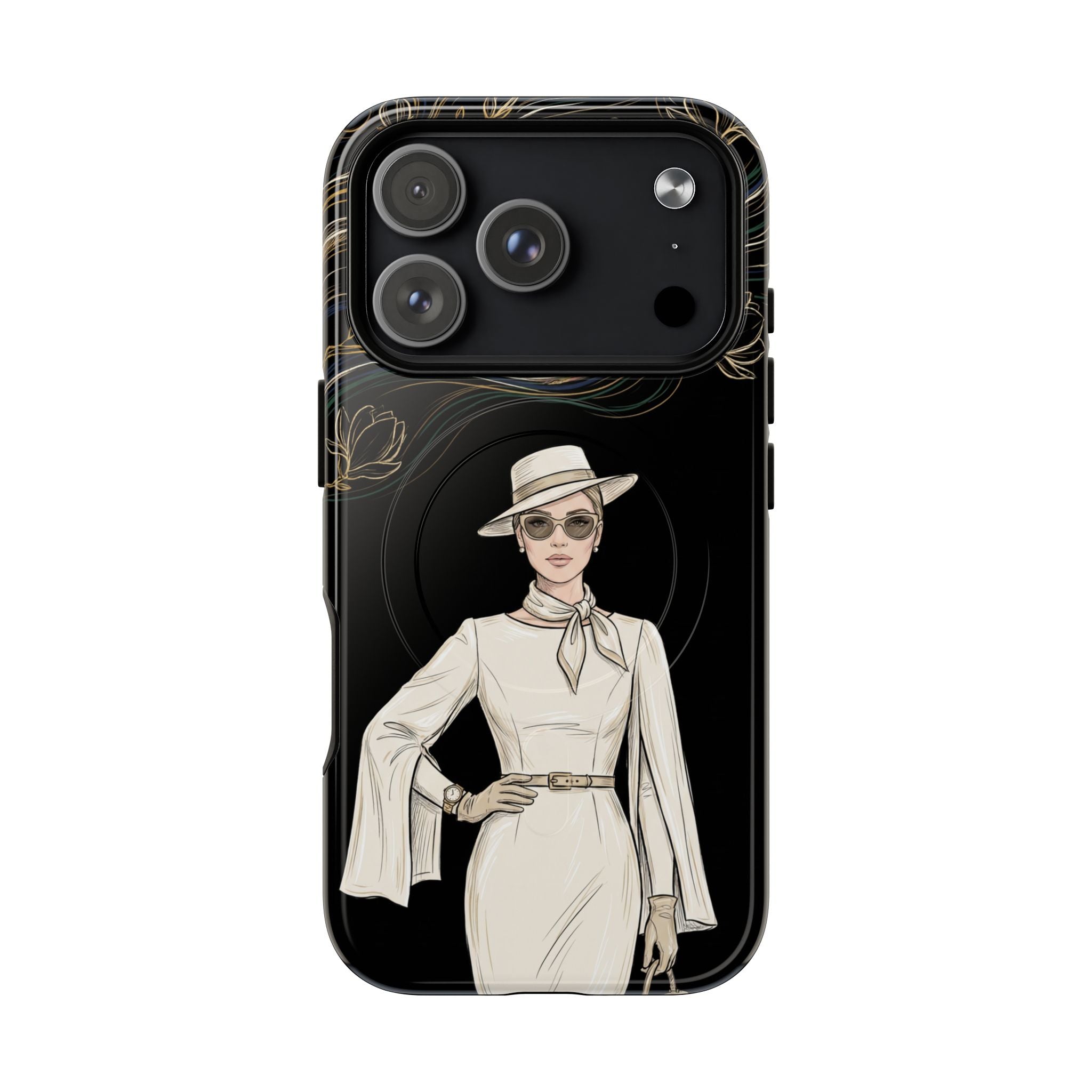 MagSafe iPhone Case | Elegant Vintage Lady with Gold Floral Swirls