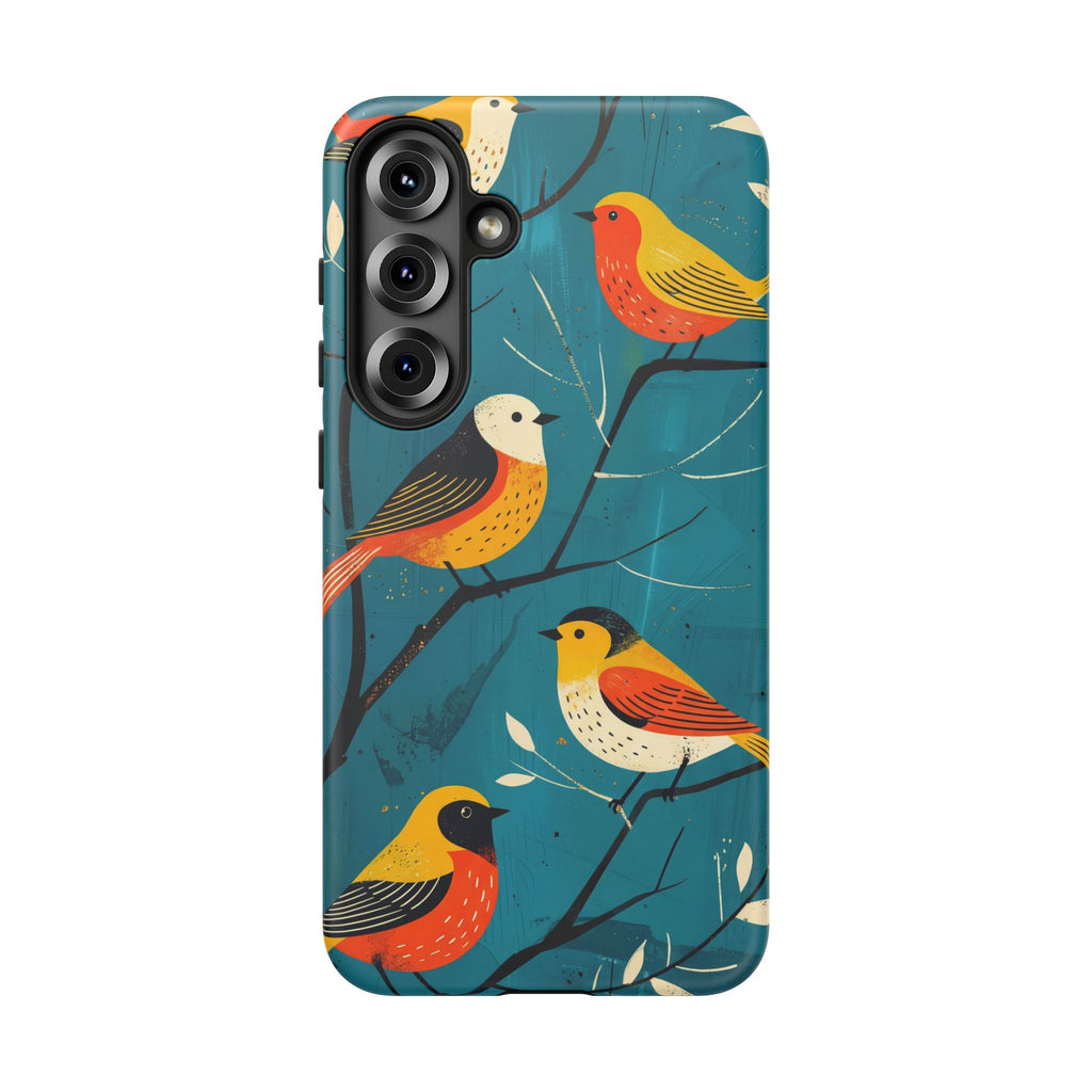 Bird Pattern Tough Samsung Galaxy Phone Case | Colourful Songbirds on Teal Background
