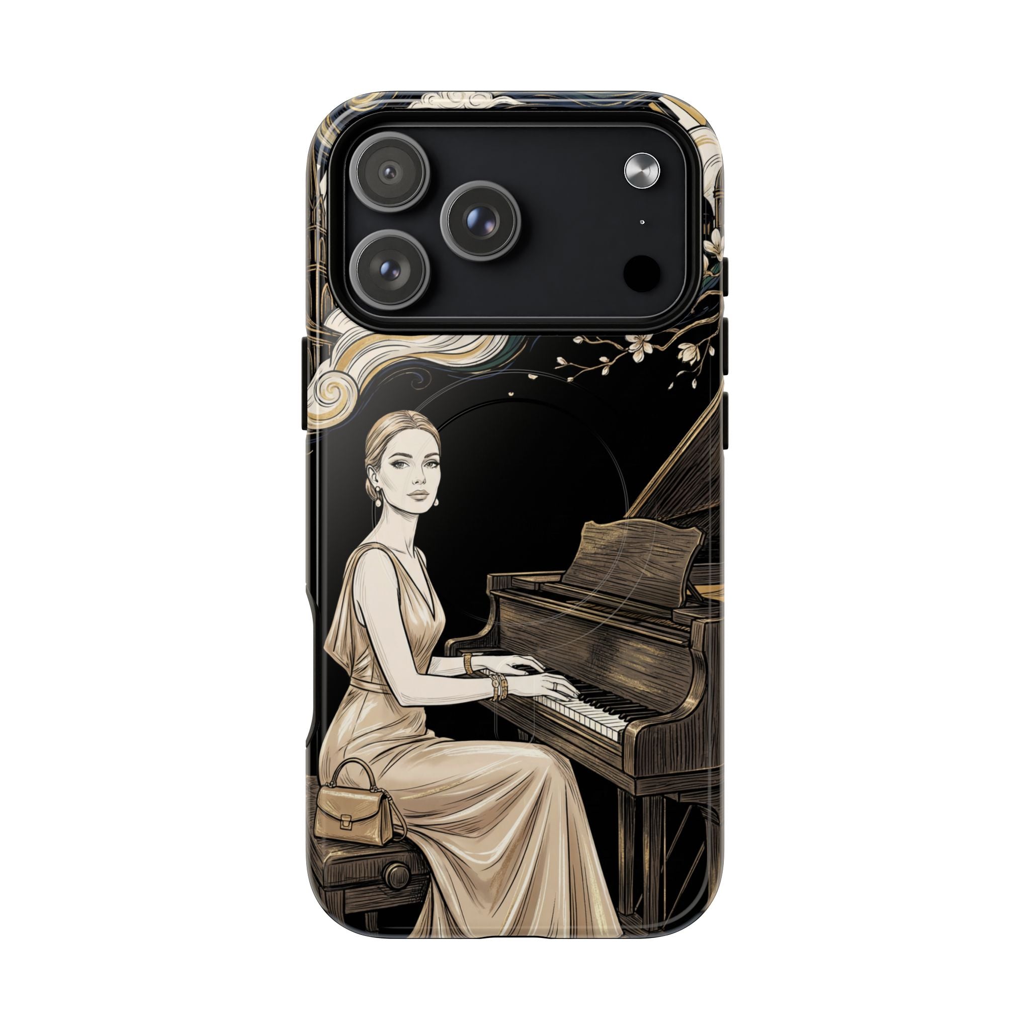Elegant Piano Woman MagSafe iPhone Case | Vintage Art Deco Music Design
