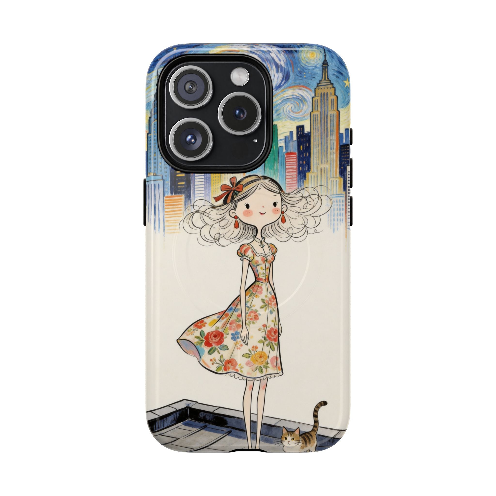 Artistic Girl Cityscape MagSafe iPhone Case | Cute Floral Dress Rooftop Design