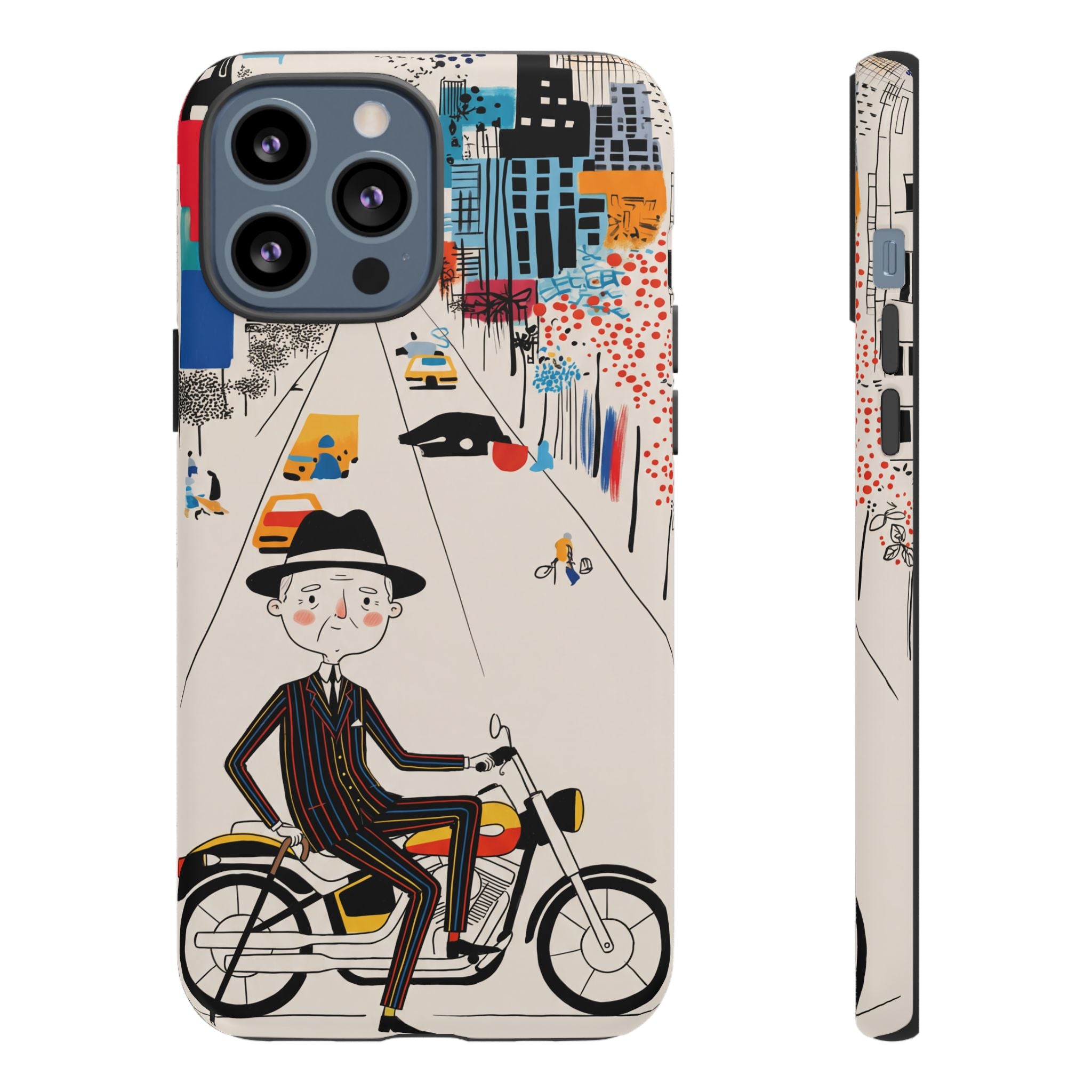 Vintage Grandpa Rider Motorcycle iPhone Case | Illustrated Cityscape