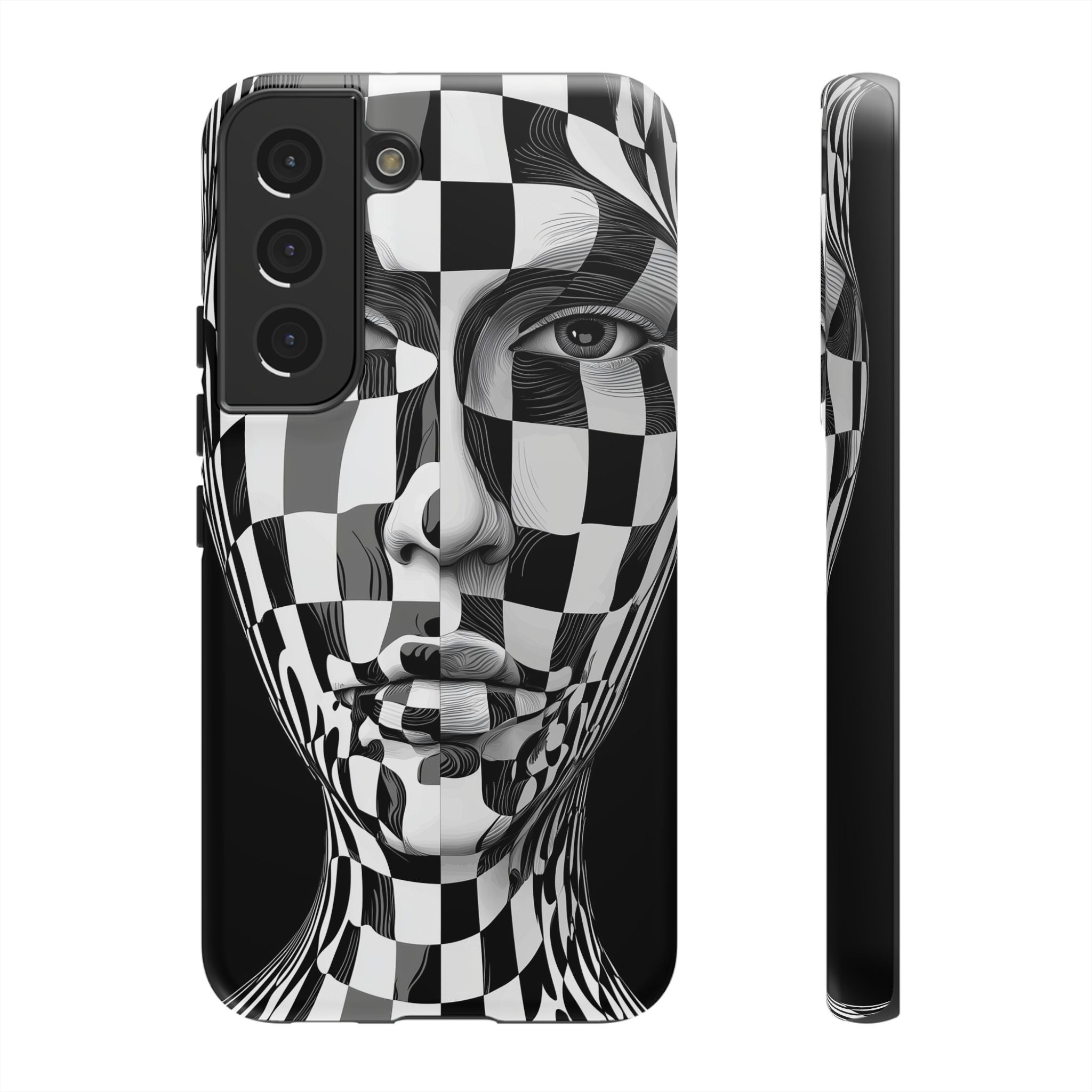 Checkerboard Face Tough Samsung Galaxy Case — Black & White Surreal Art Protective Cover