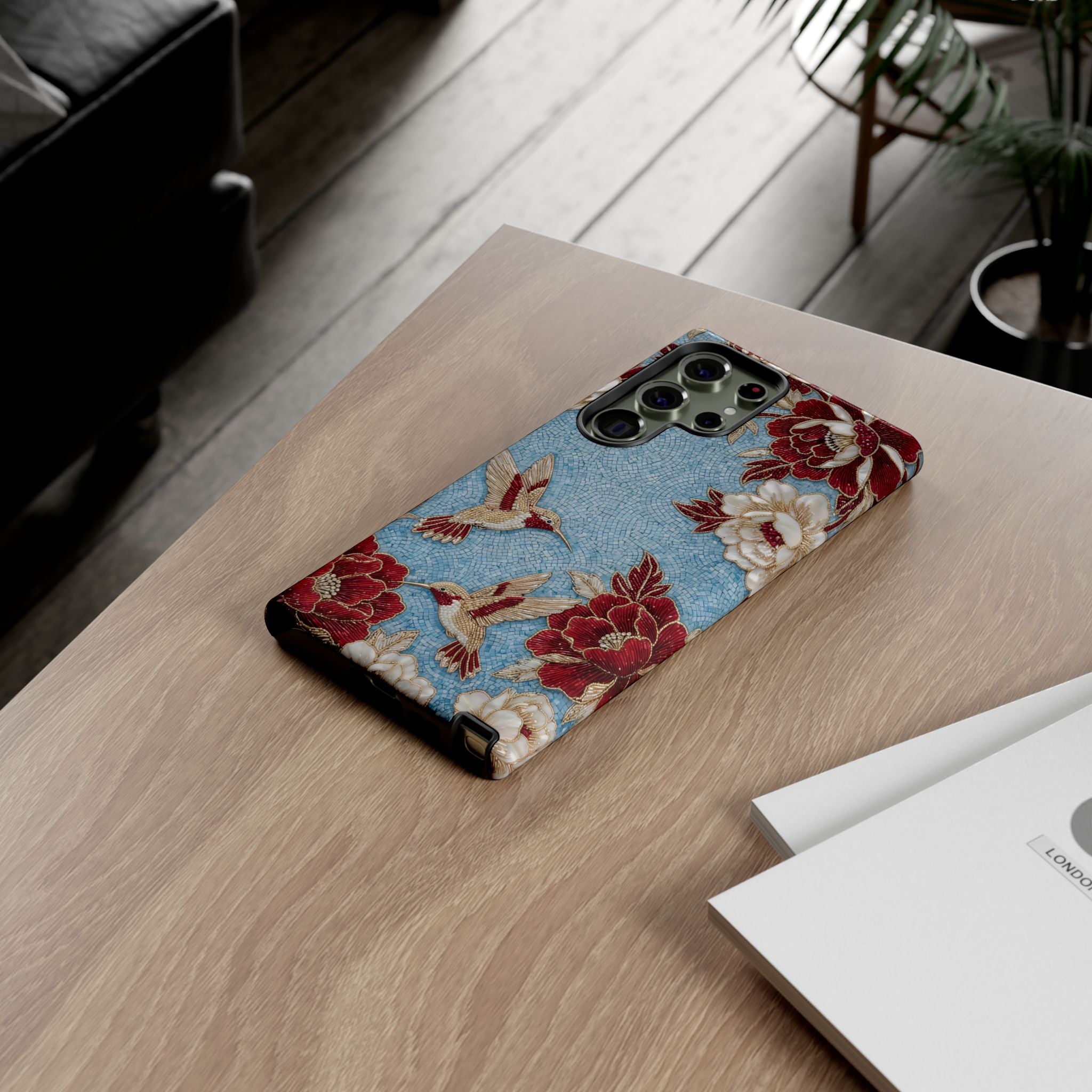 Floral Hummingbird Tough Samsung Galaxy Phone Case | Vintage Blue & Burgundy Botanical Design