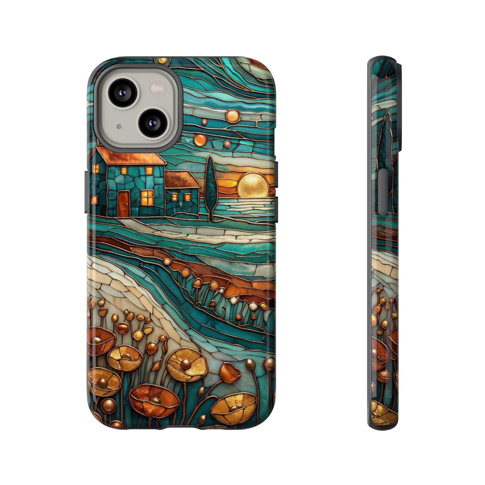 Artistic Sunset Cottage iPhone Case | Whimsical Floral Landscape Protective Cover