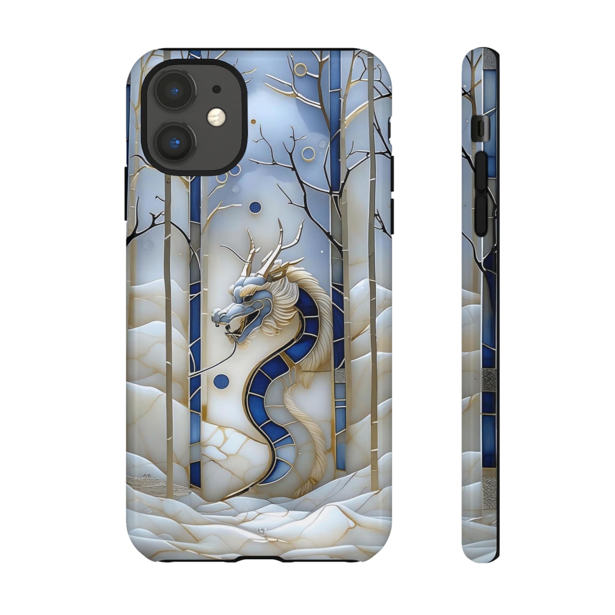 Dragon Stained Glass iPhone Case — Blue Winter Forest Protective Cover