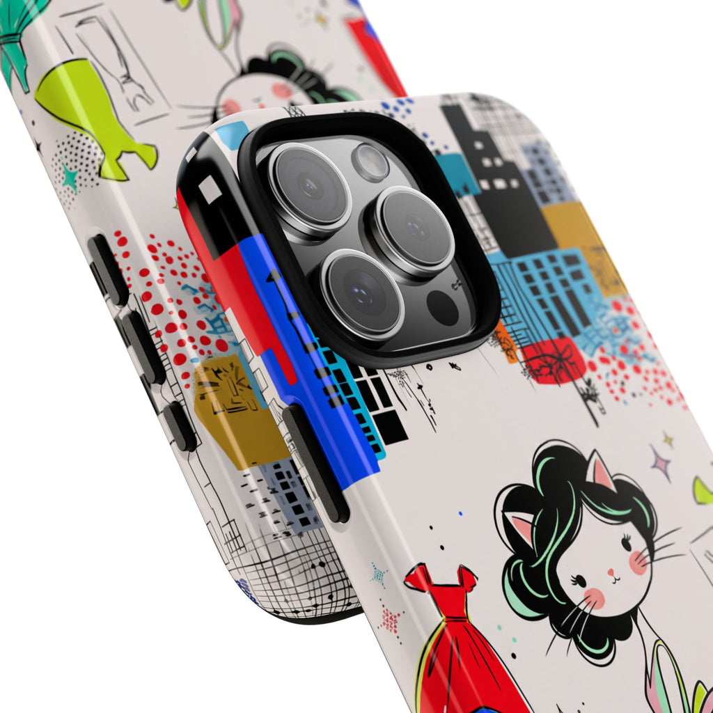 Retro Fashion Cat Girl iPhone Case | Cute Dress & City Print