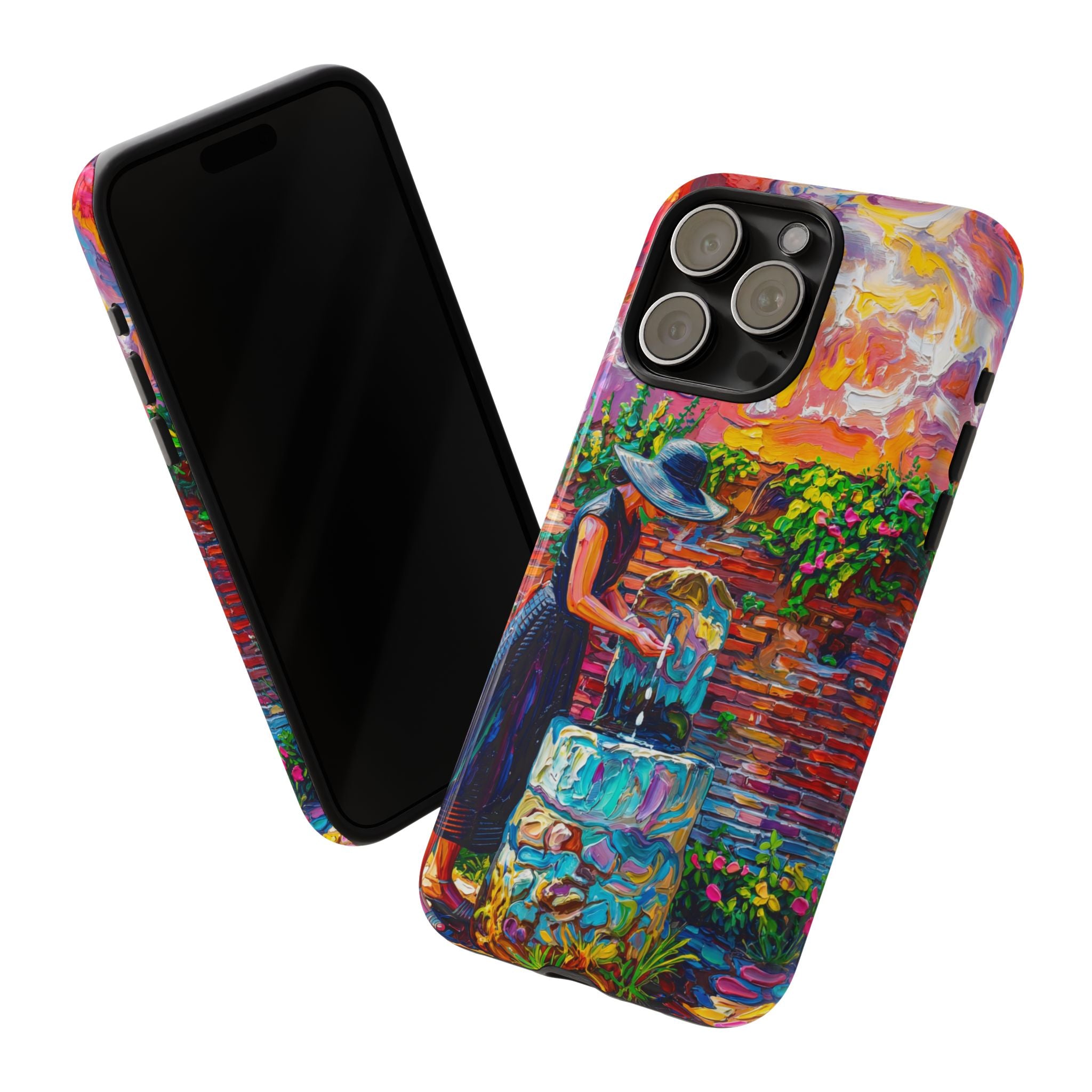 Artistic Garden iPhone Case | Woman at Fountain Colourful Painterly Design