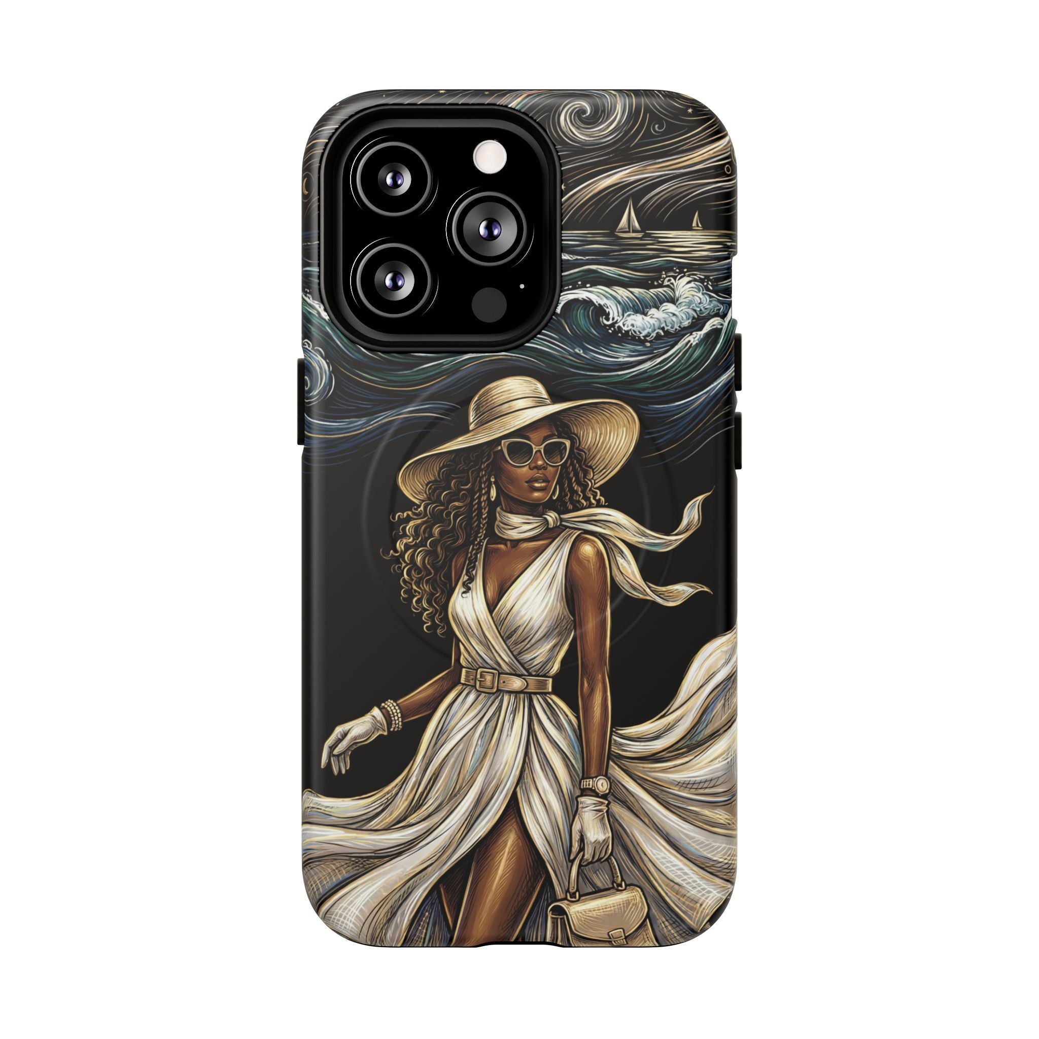 MagSafe iPhone Case | Elegant Black Woman in Flowing Dress by the Sea