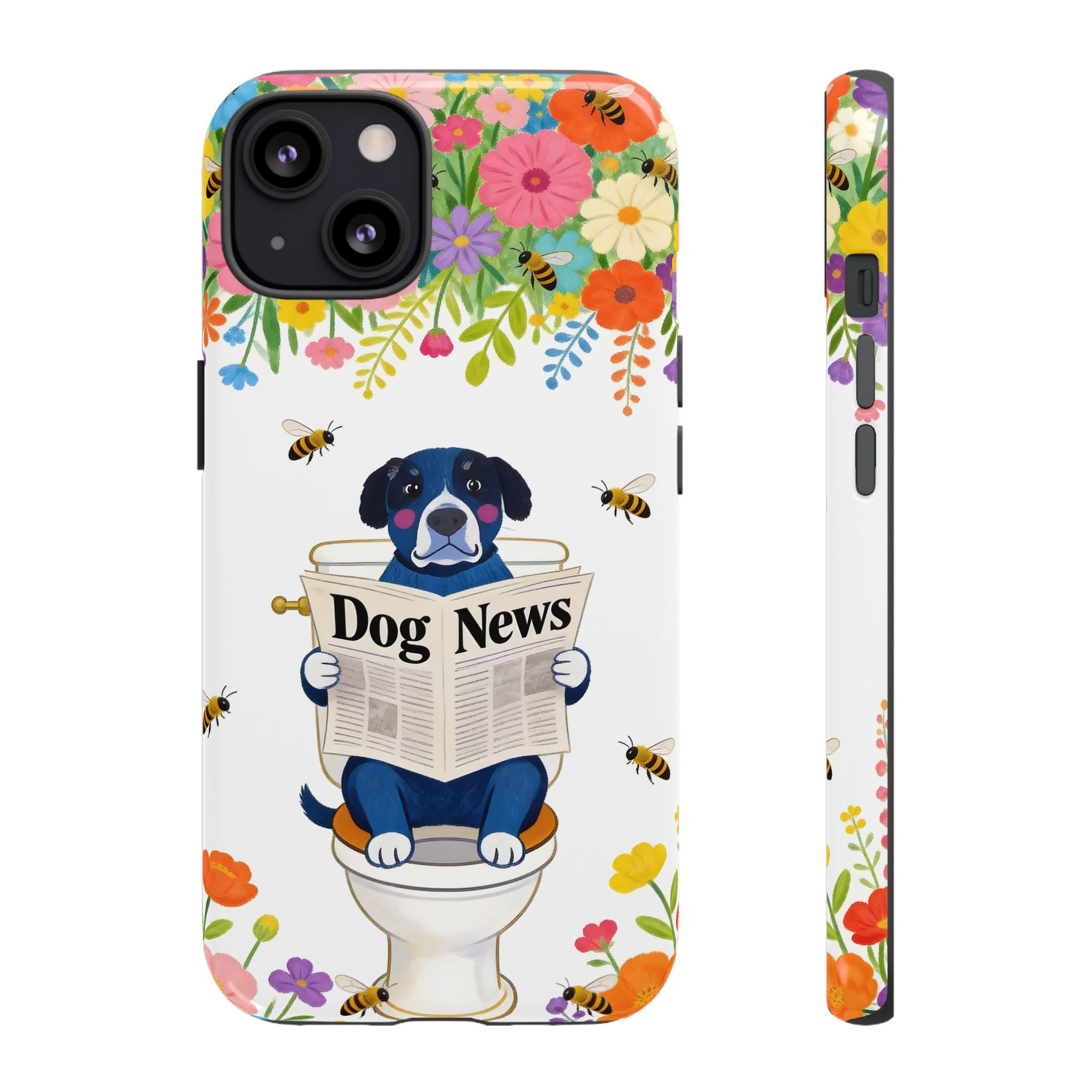 Dog News Floral iPhone Case | Cute Dog on Toilet Pattern, Spring Floral iPhone Cover