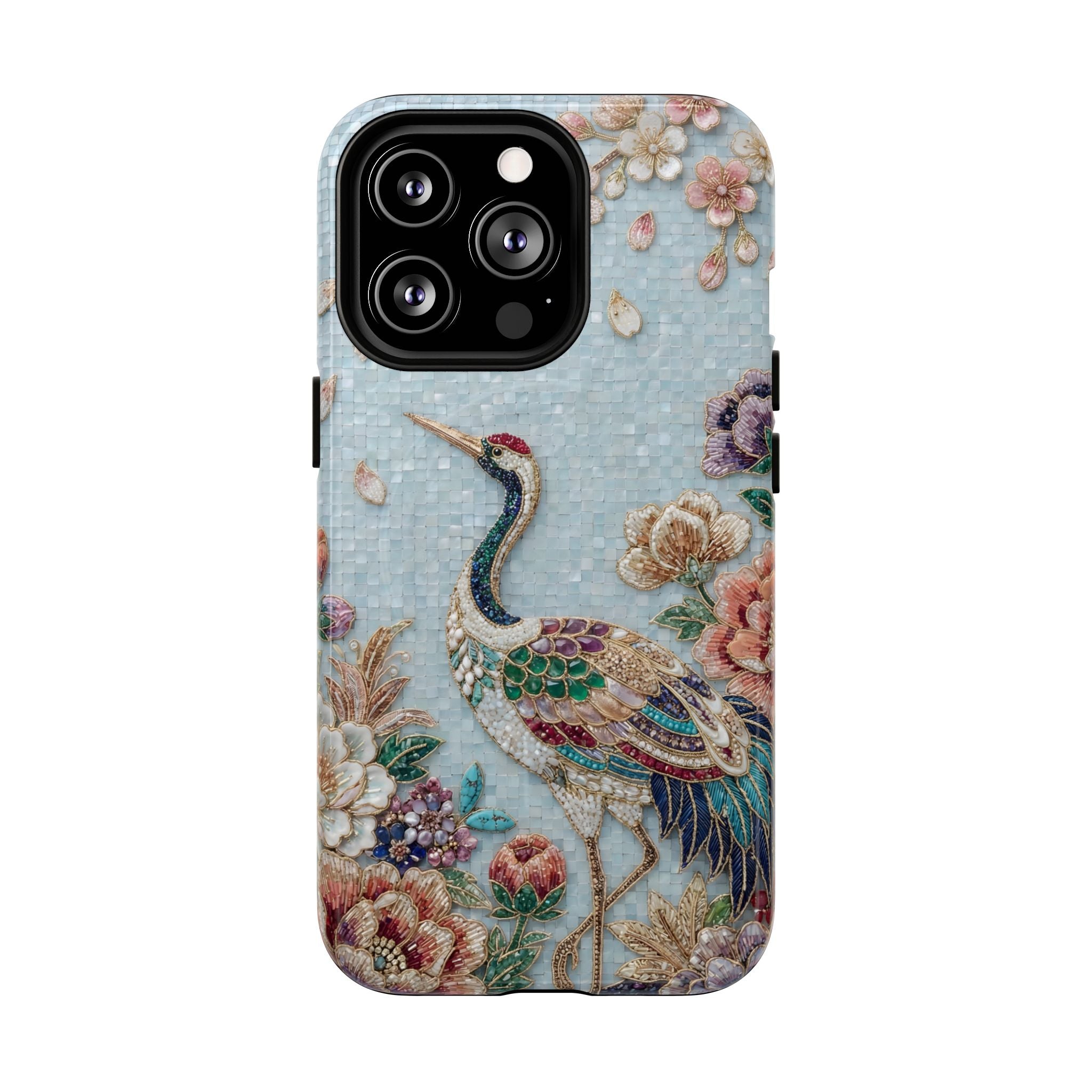 Floral Crane Tough MagSafe iPhone Case | Vintage Embroidered Bird Protection
