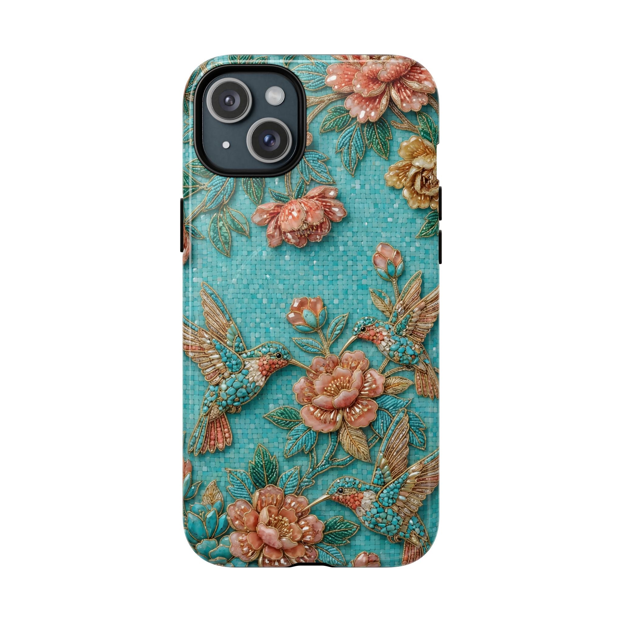 Floral Hummingbird Tough MagSafe iPhone Case | Turquoise Embroidered Garden Design