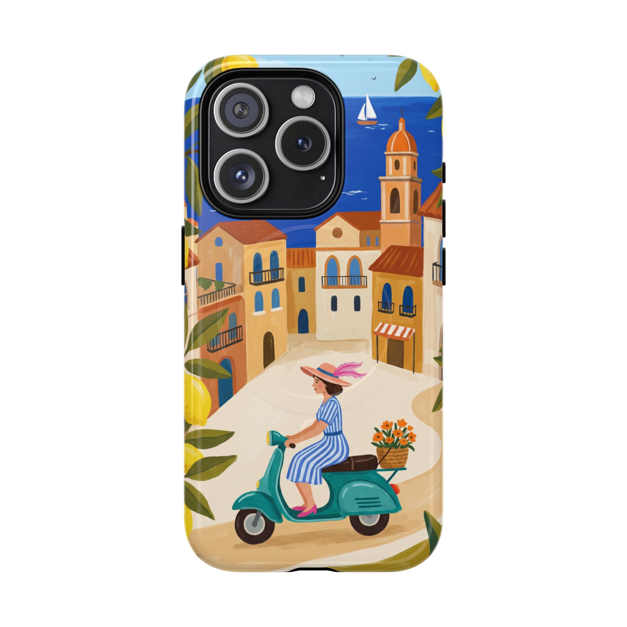 Mediterranean Scooter MagSafe iPhone Case | Coastal Lemon Grove Design