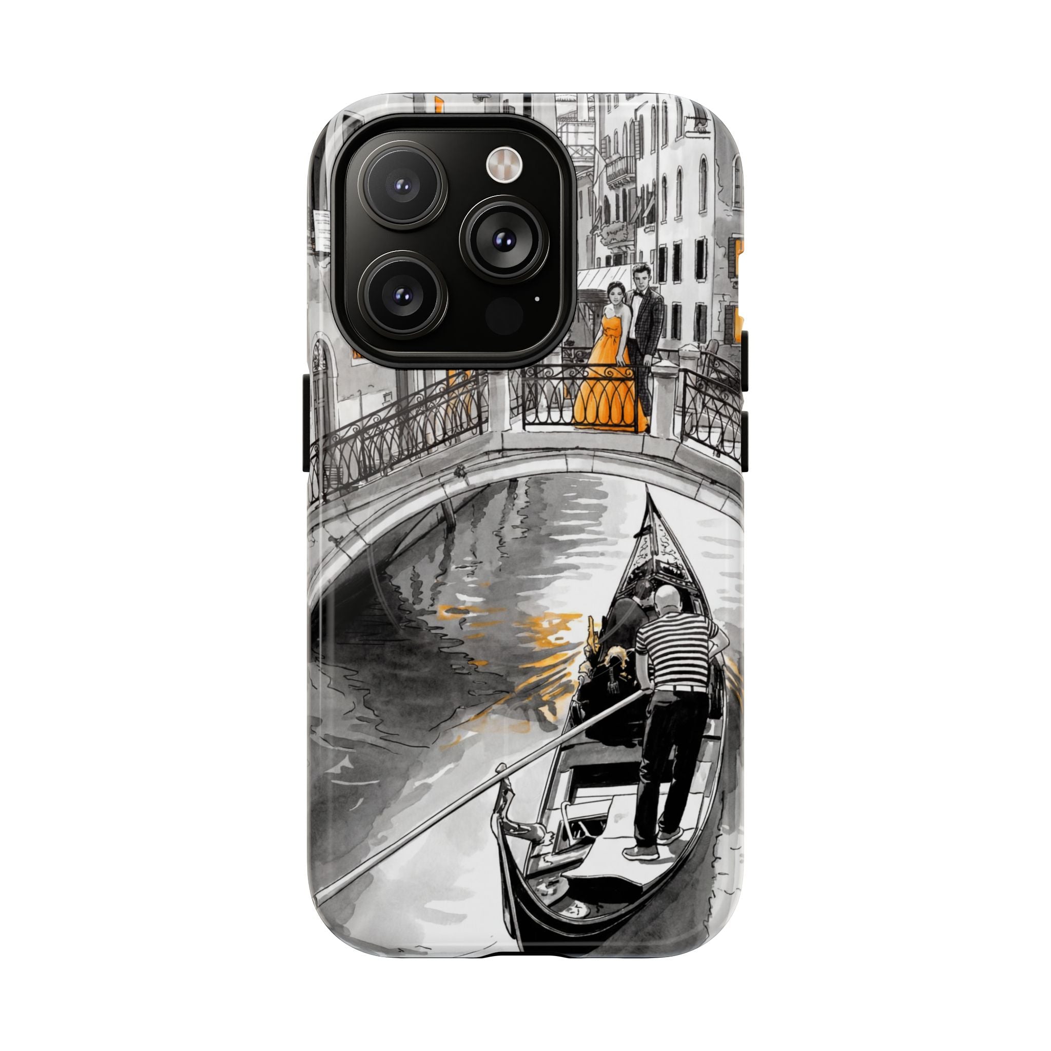 Custodia per iPhone Gondola di Venezia | Custodia MagSafe resistente con motivo schizzo in bianco e nero e dettagli dorati