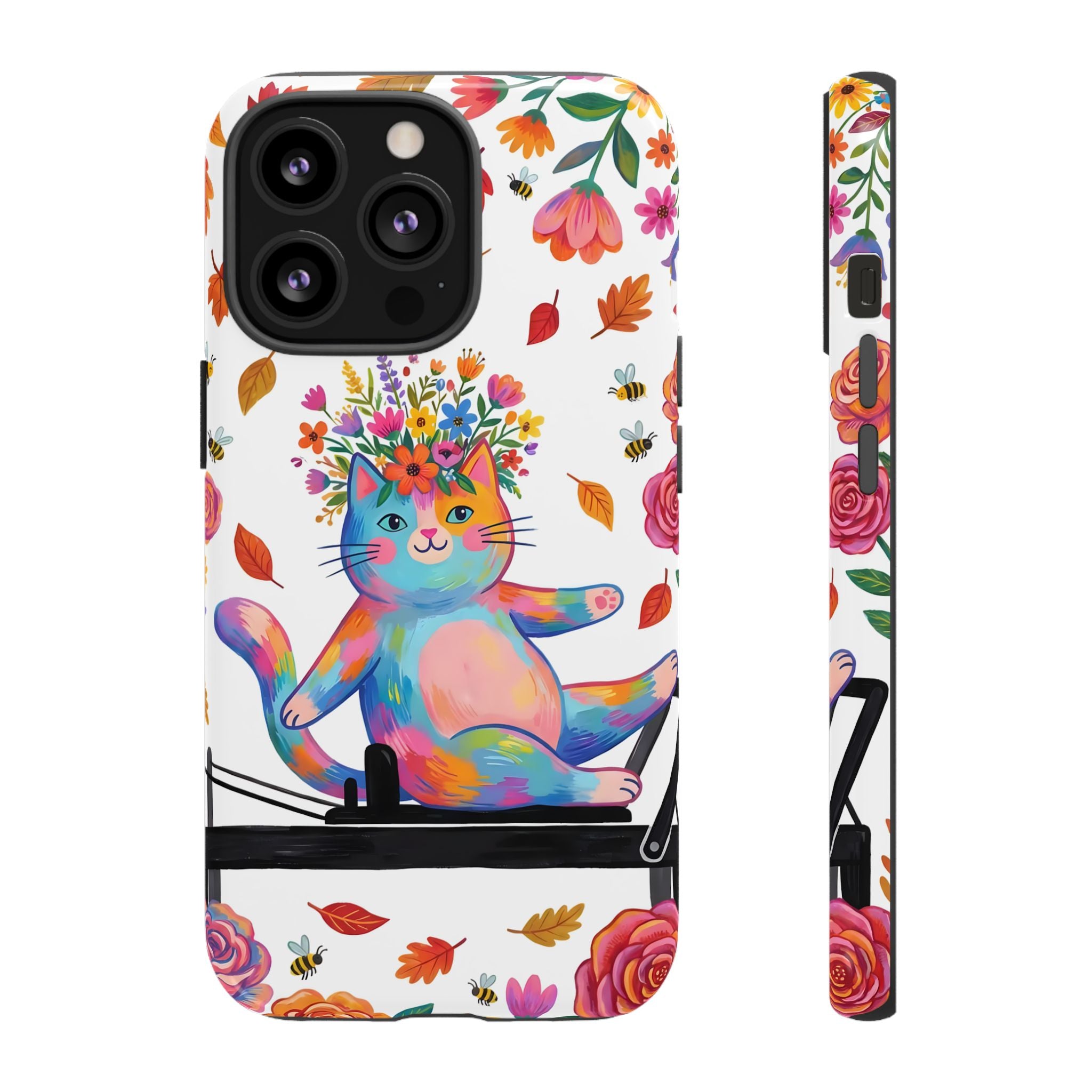 Colorful Floral Cat on Pilates Reformer Protective iPhone Case