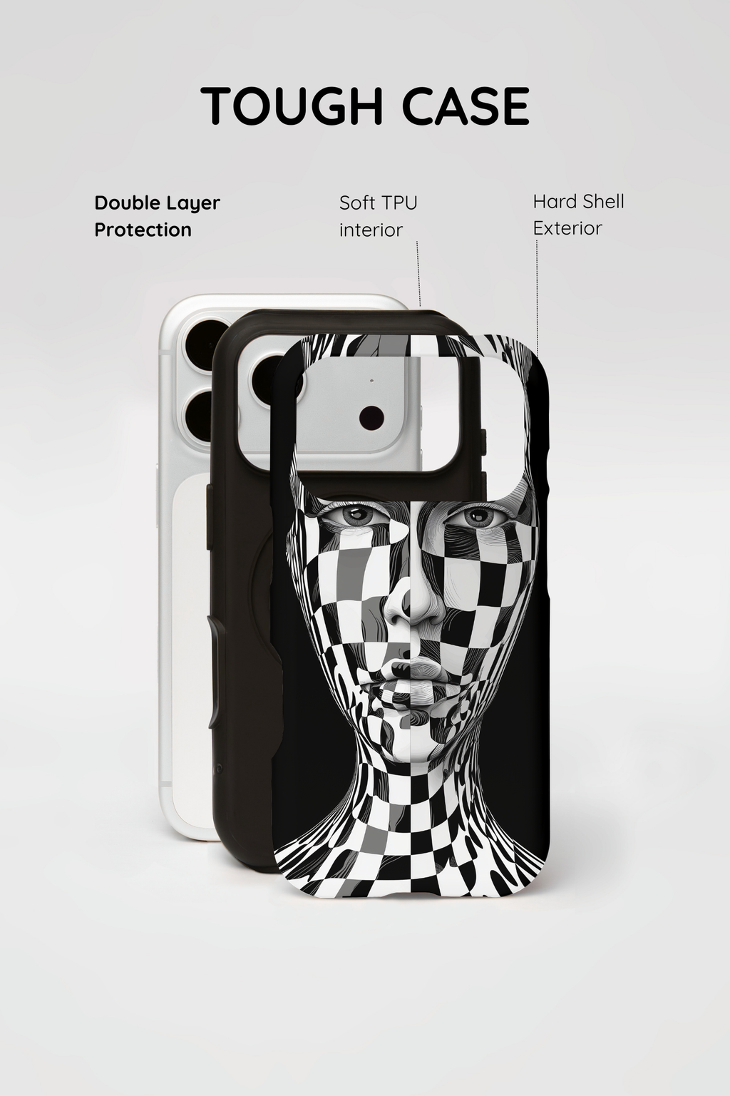 Checkerboard Face Tough iPhone Case — Black & White Surreal Art Protective Cover